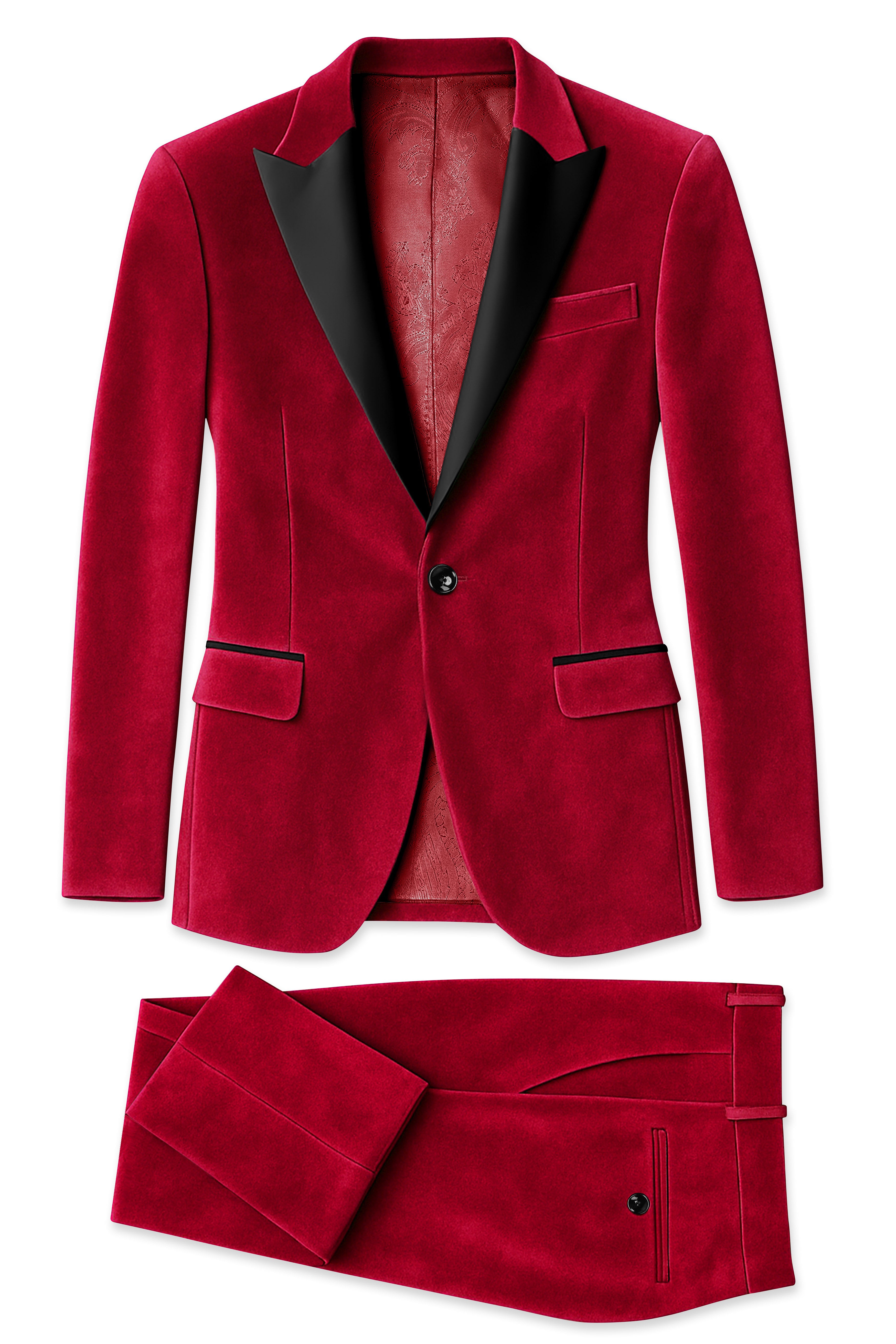 Rubivell-Carmine Red Velvet Peak Lapel Tuxedo Suit