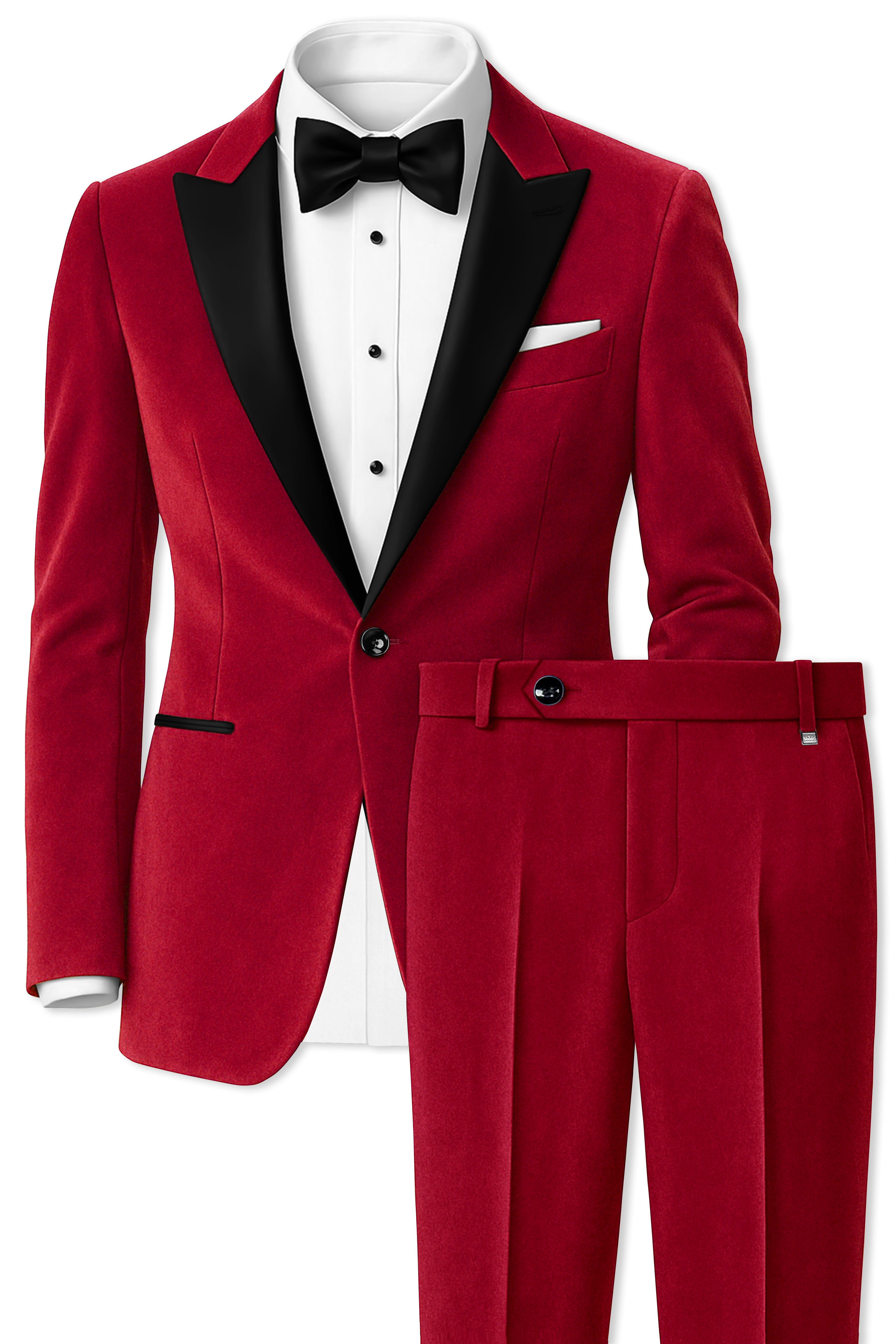 Rubivell-Carmine Red Velvet Peak Lapel Tuxedo Suit