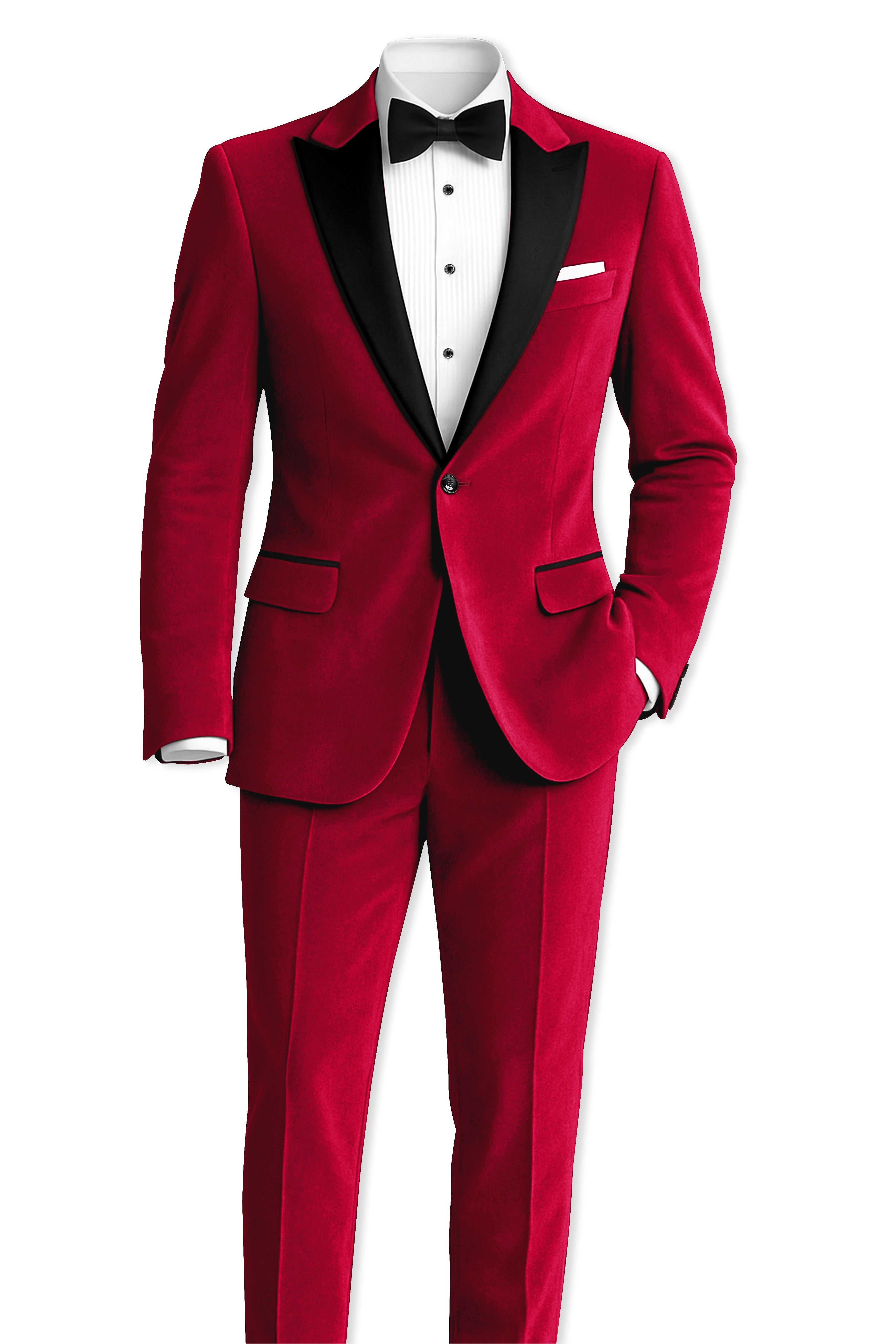 Rubivell-Carmine Red Velvet Peak Lapel Tuxedo Suit