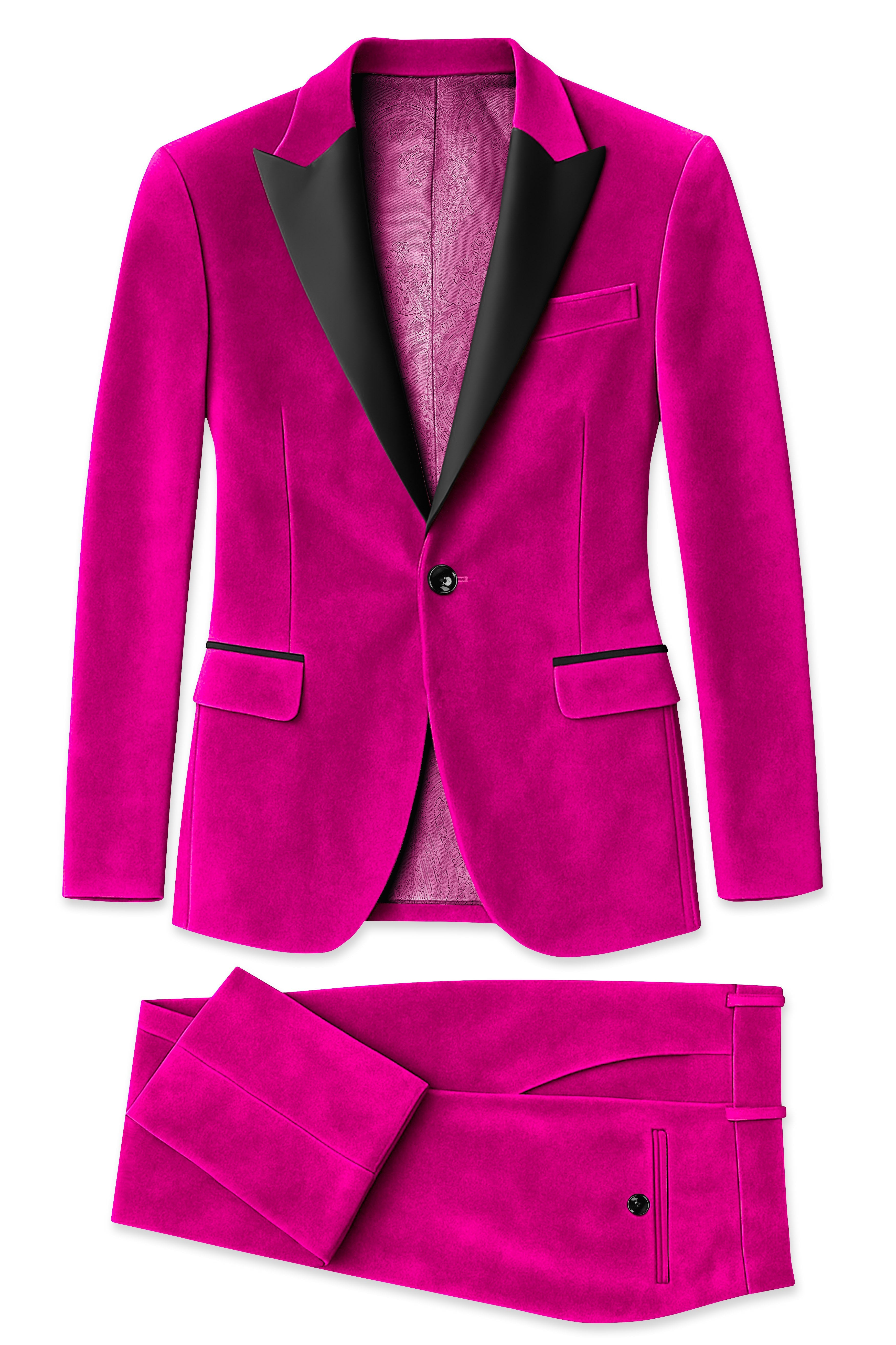 Rosivell-Fuchsia Pink Velvet Peak Lapel Tuxedo Suit