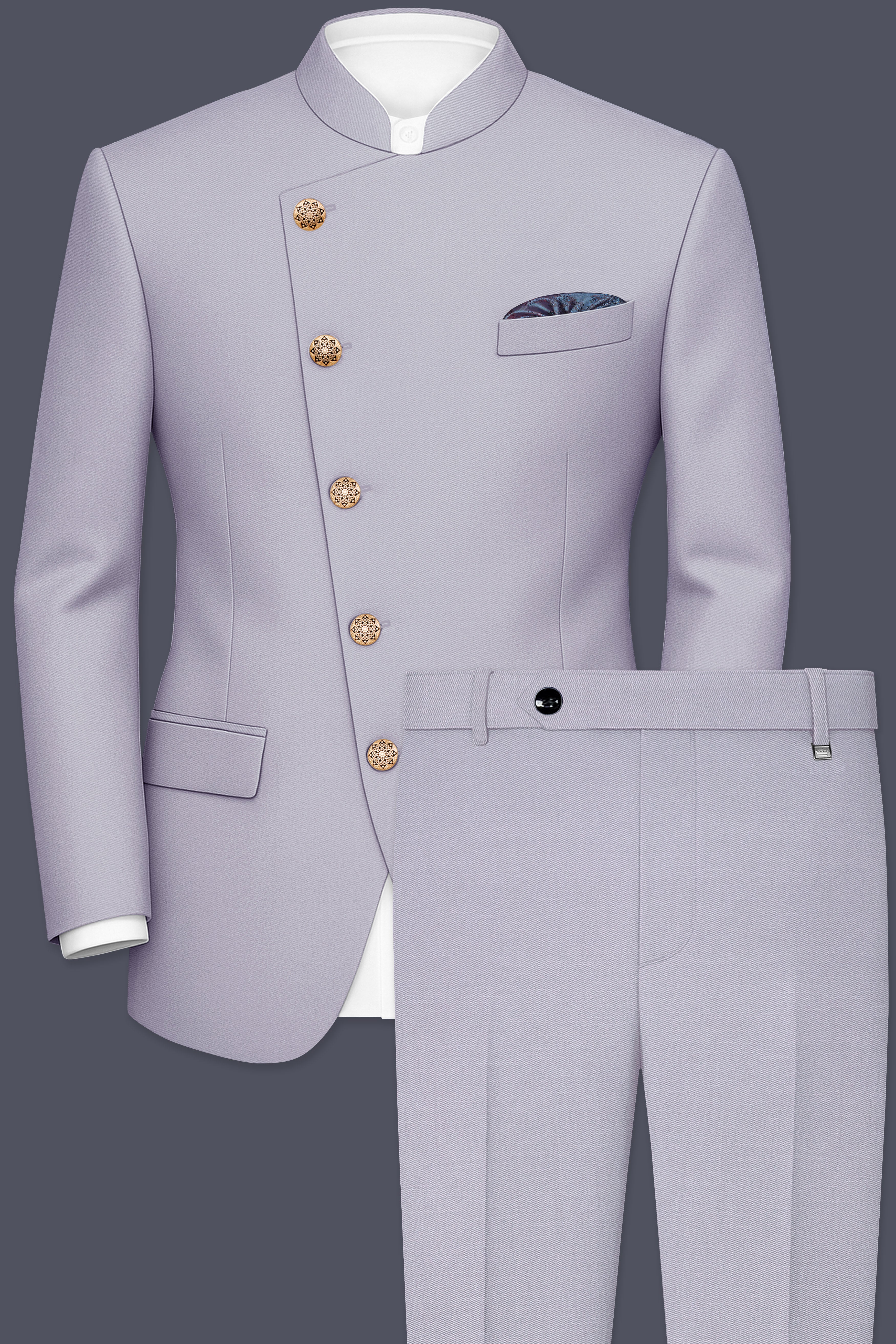Mistivell-Mountain Mist Gray Wool Rich Cross Placket Bandhgala Stretchable traveler Suit
