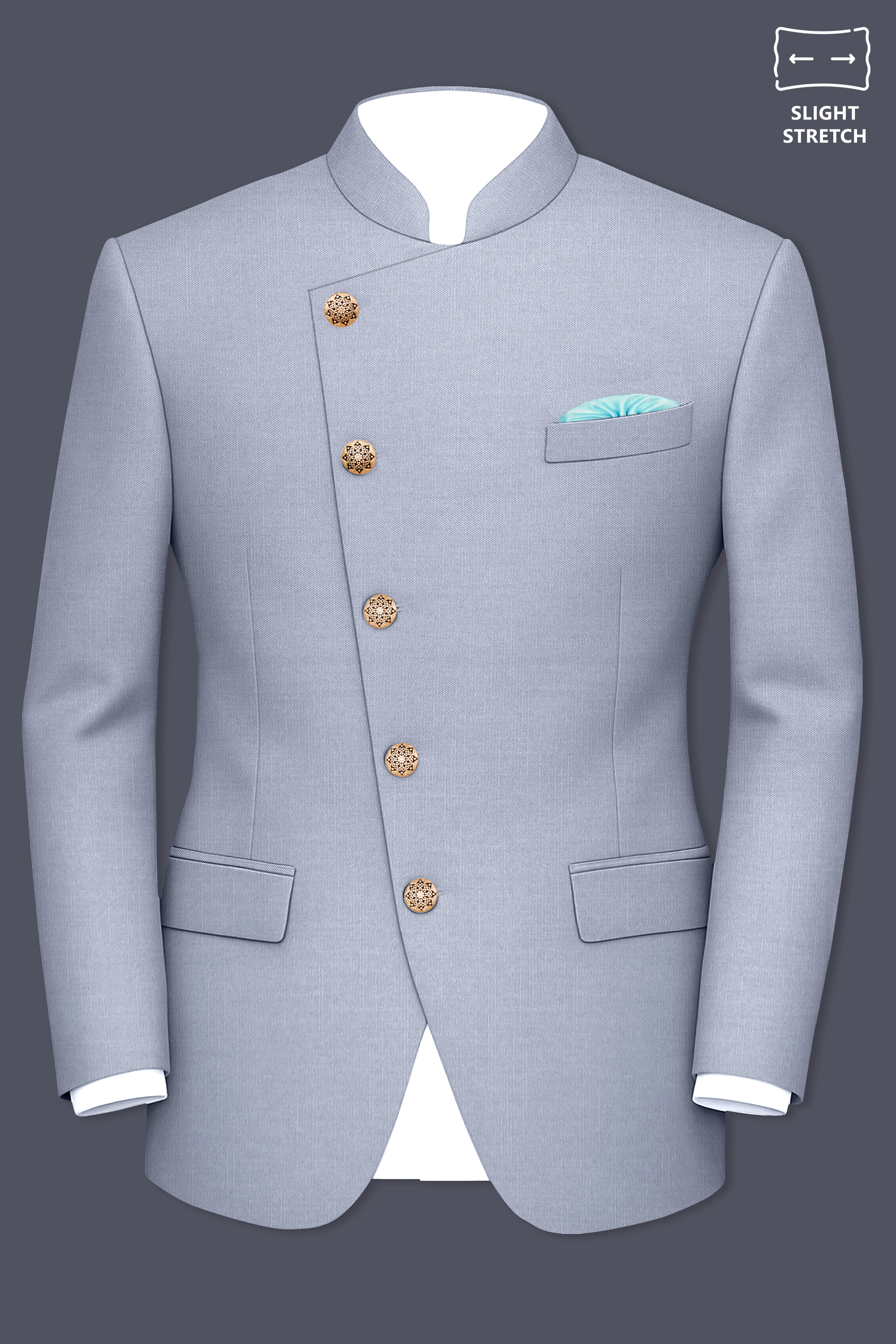 Mistivell-Mountain Mist Gray Wool Rich Cross Placket Bandhgala Stretchable traveler Suit