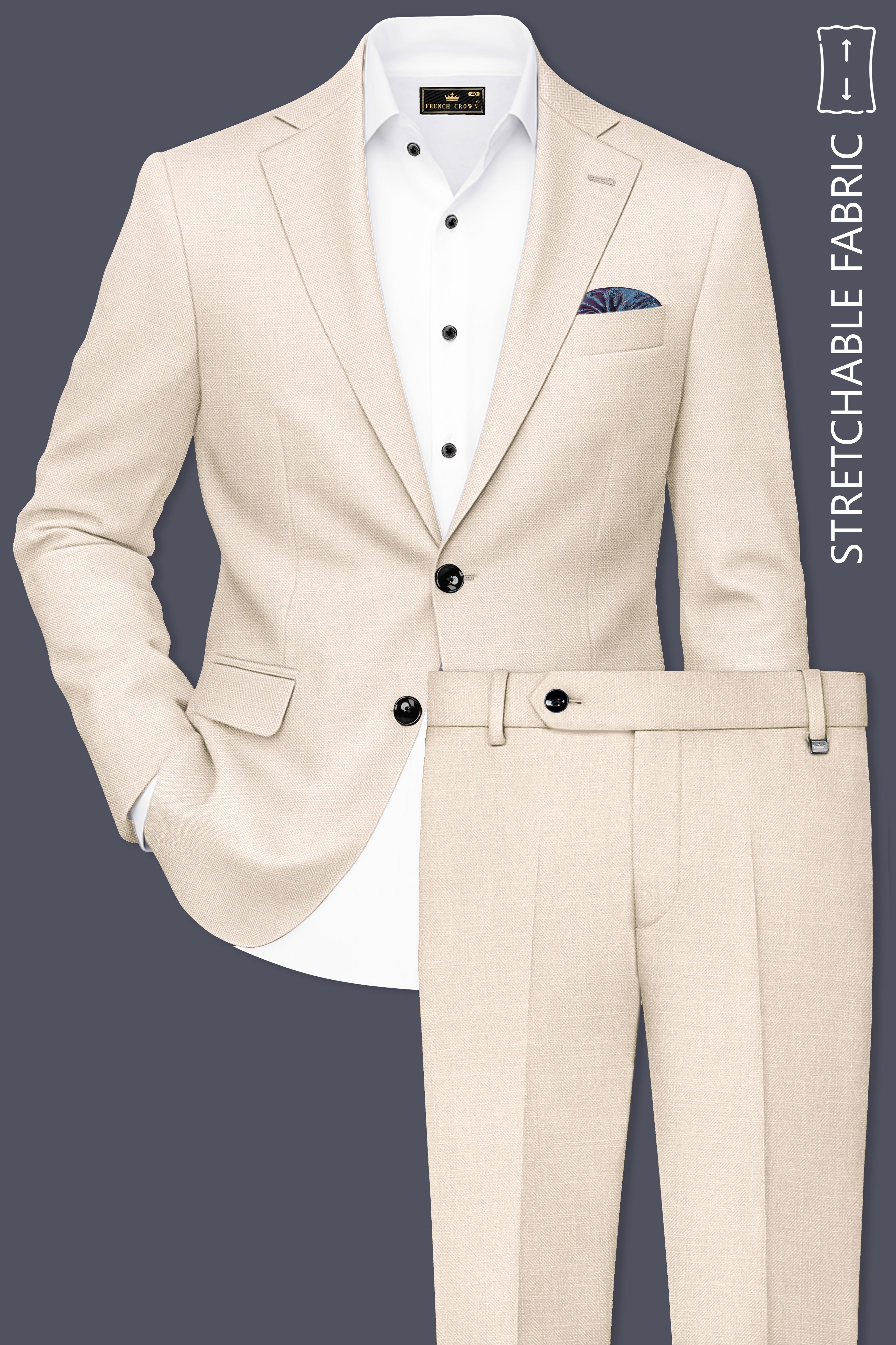Ivoreo-Merino Cream Luxurious Linen Single Breasted Stretchable traveler Suit