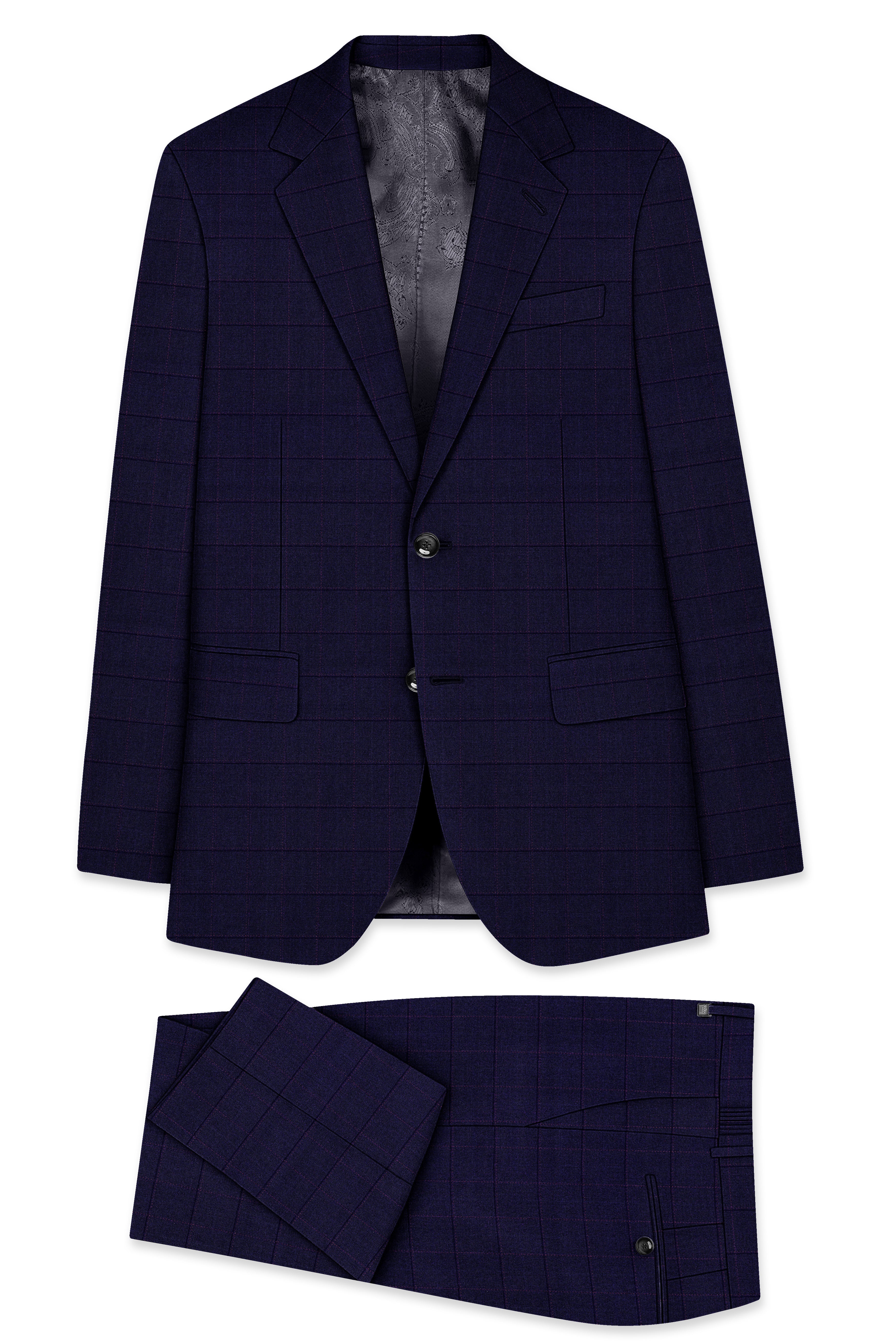 Azurane-Ebony Blue Windowpane Wool Rich Single Breasted Suit