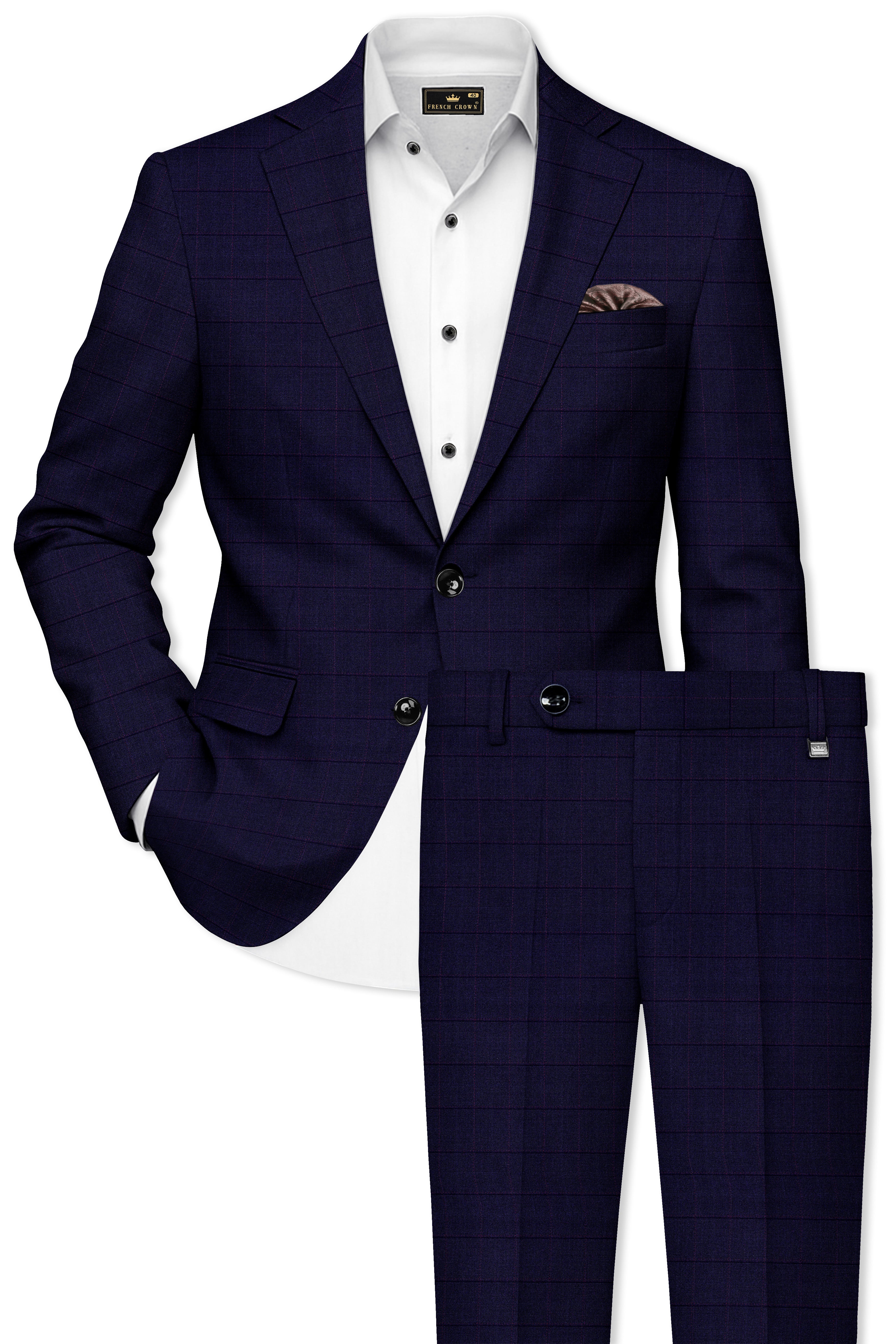 Azurane-Ebony Blue Windowpane Wool Rich Single Breasted Suit