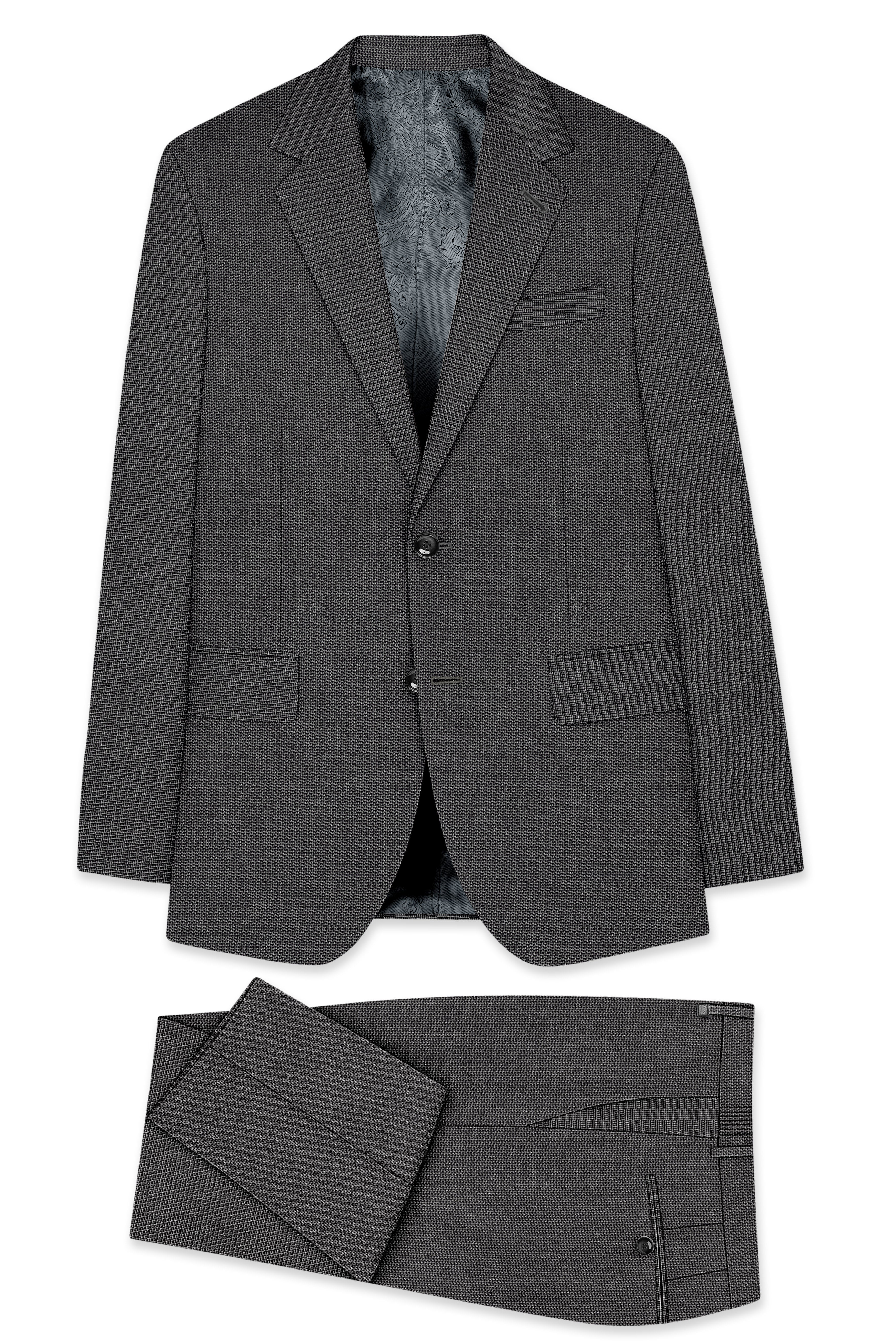 Cinerro-Tuatara Gray Wool Rich houndstooth Textured Single Breasted Suit