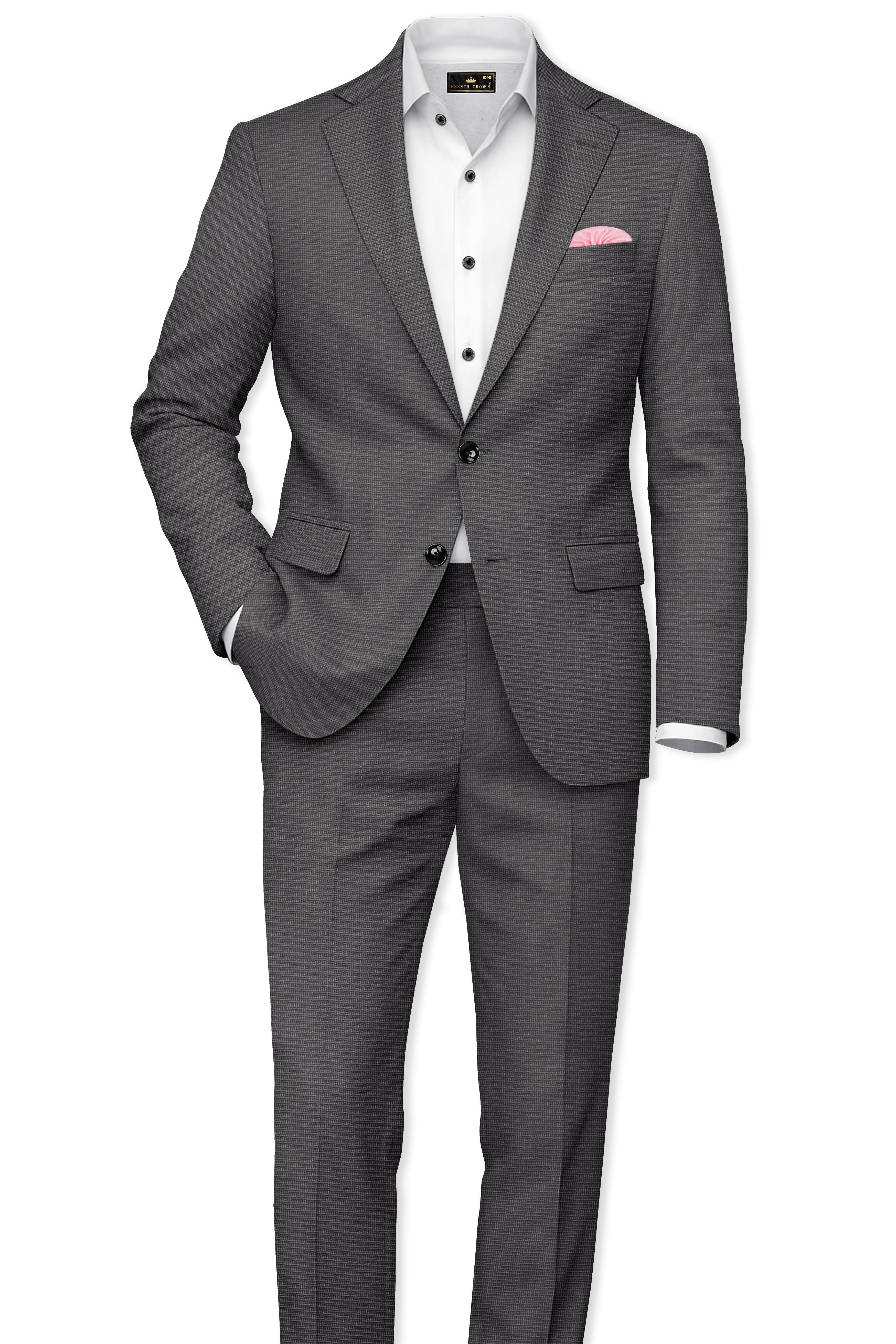 Cinerro-Tuatara Gray Wool Rich houndstooth Textured Single Breasted Suit