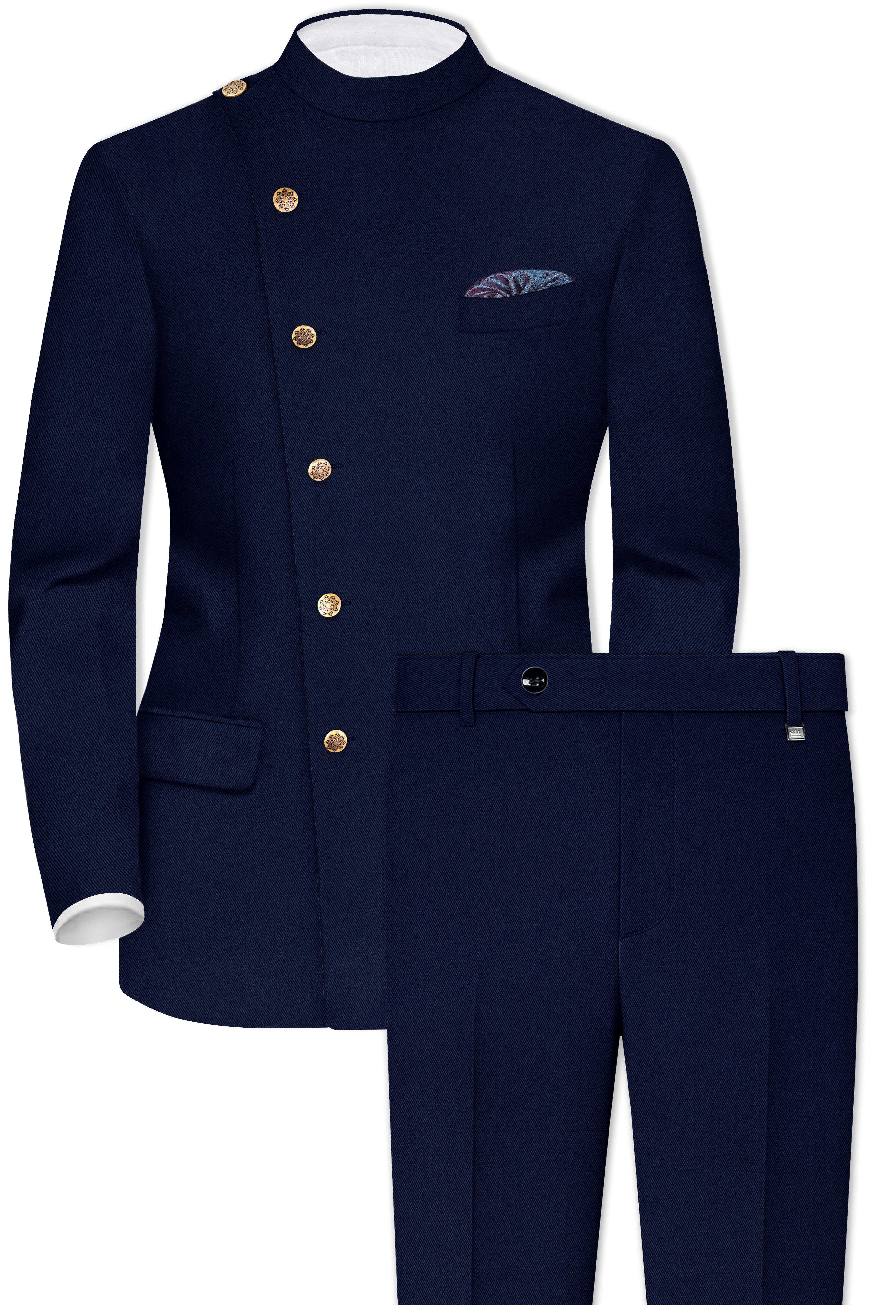 Indavor-Cinder Blue Wool Rich Cross Placket Bandhgala Suit