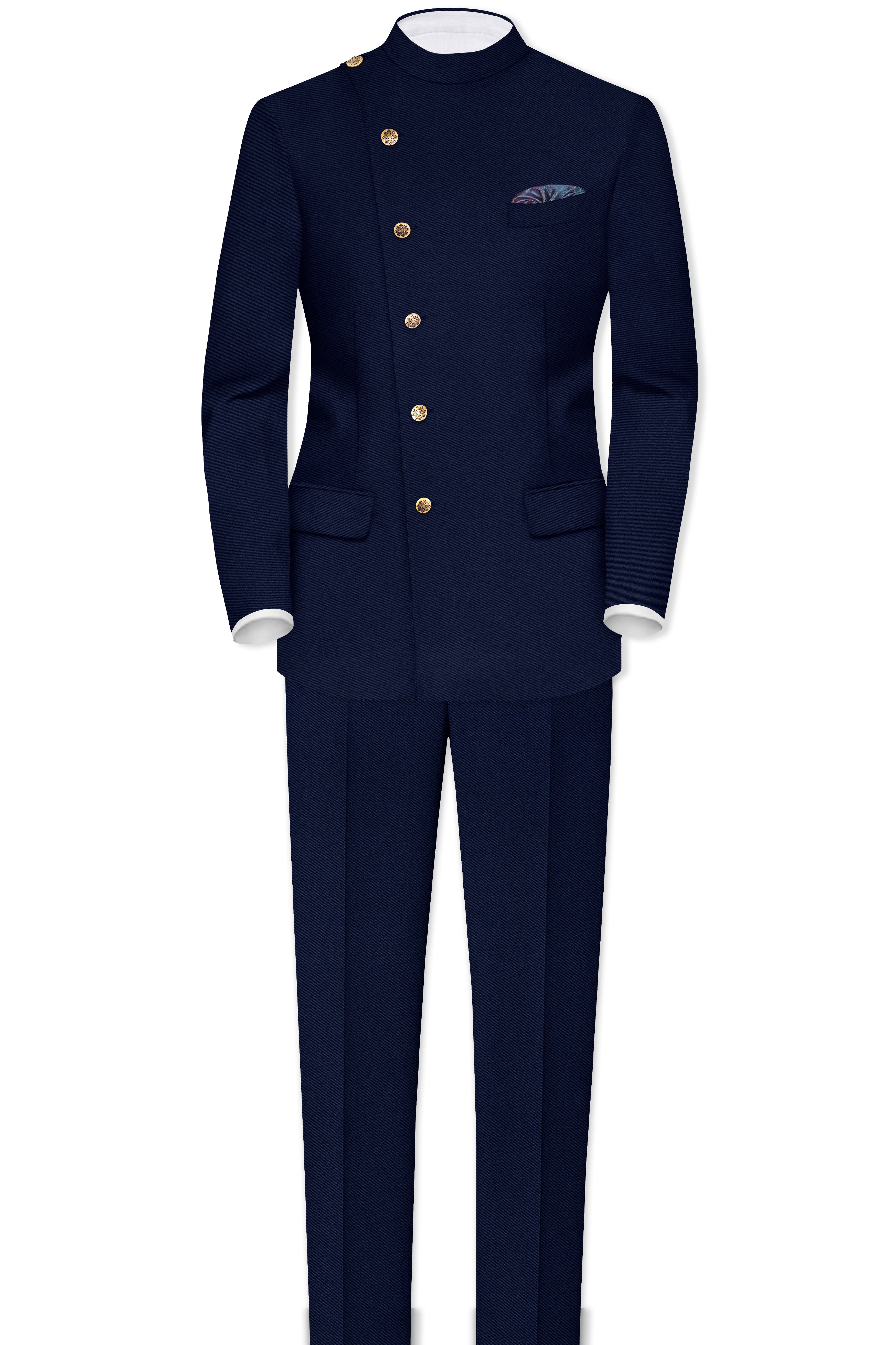 Indavor-Cinder Blue Wool Rich Cross Placket Bandhgala Suit