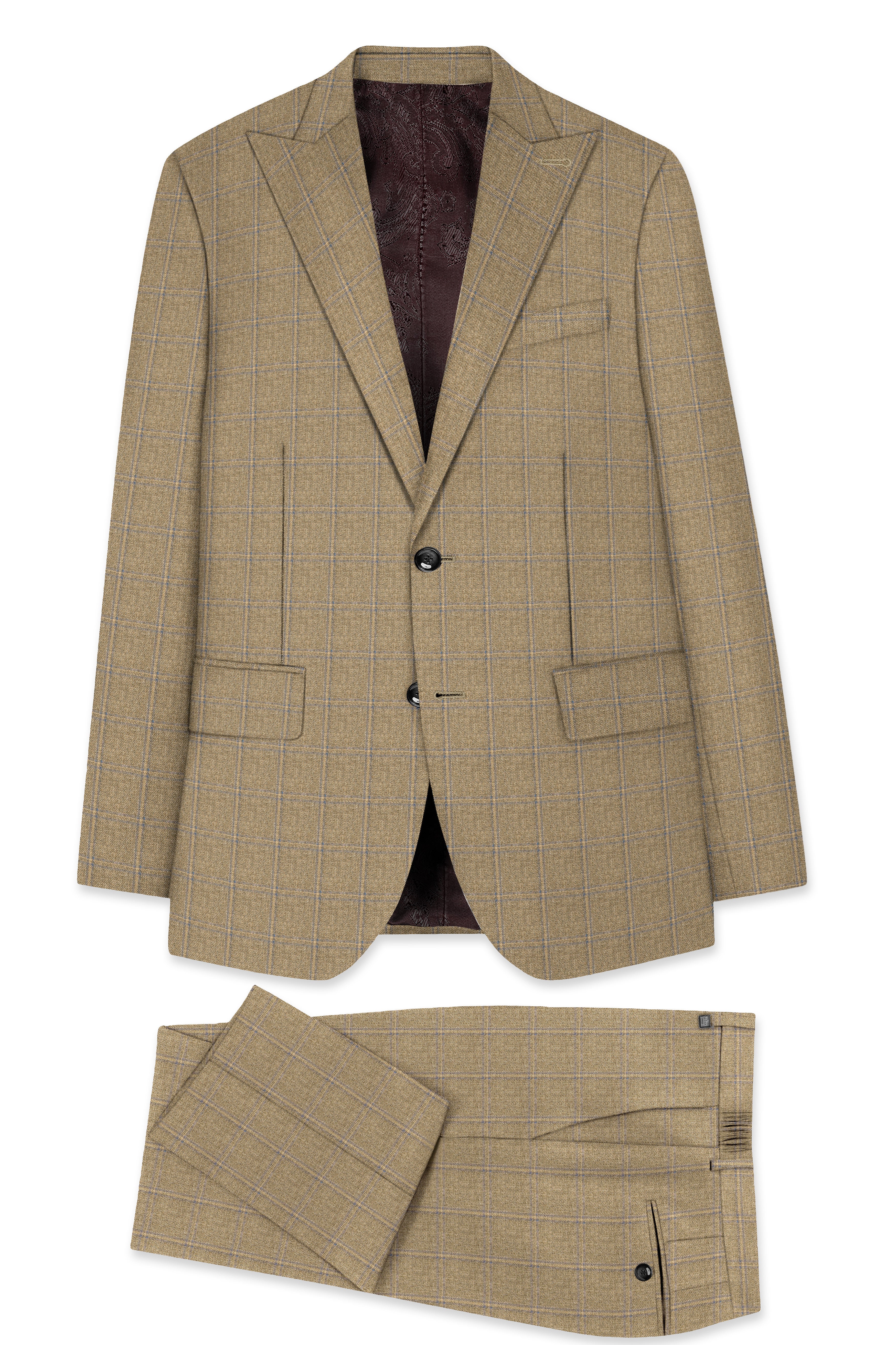 Terravo-Roman Brown Windowpane Wool Rich Single Breasted Suit