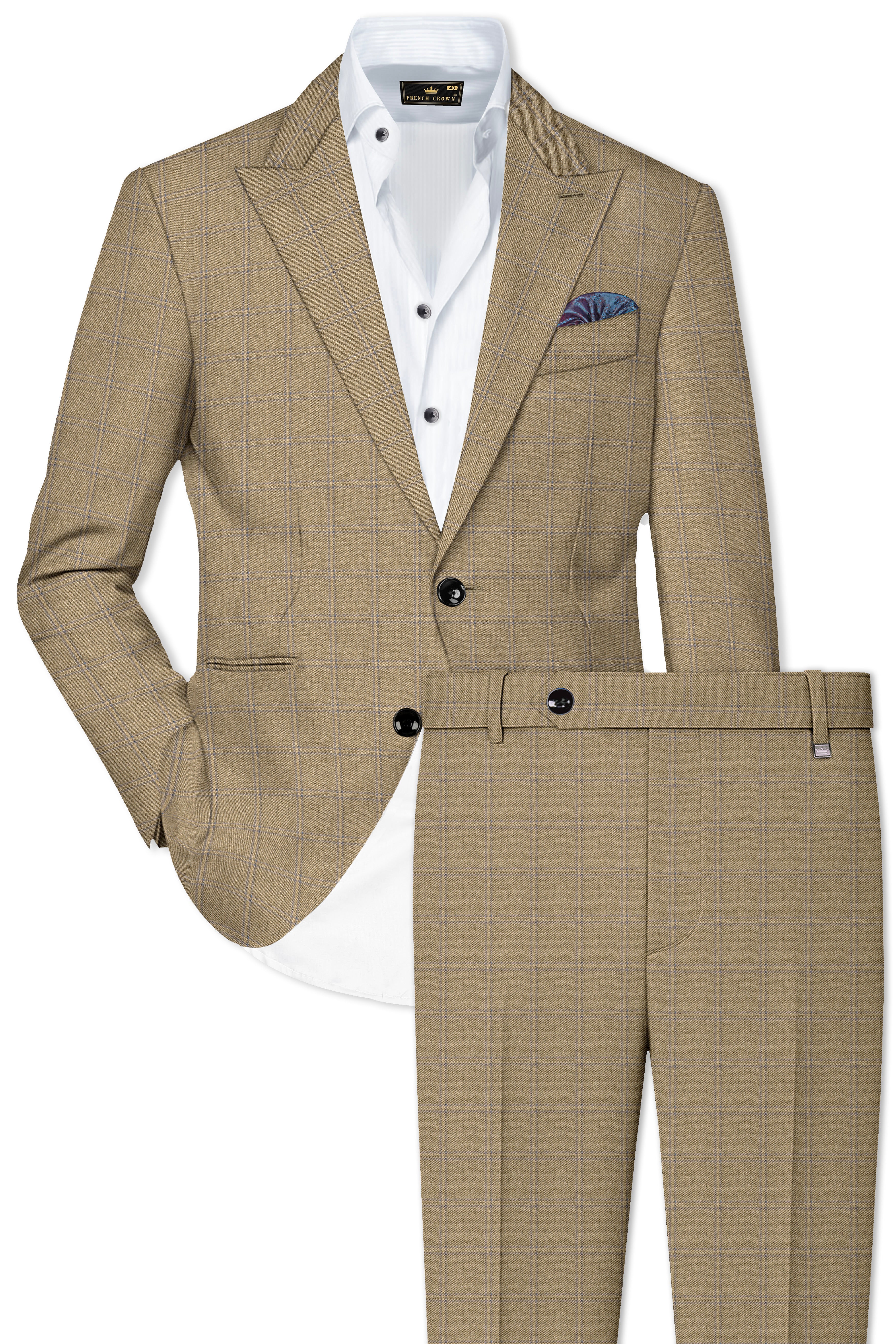 Terravo-Roman Brown Windowpane Wool Rich Single Breasted Suit
