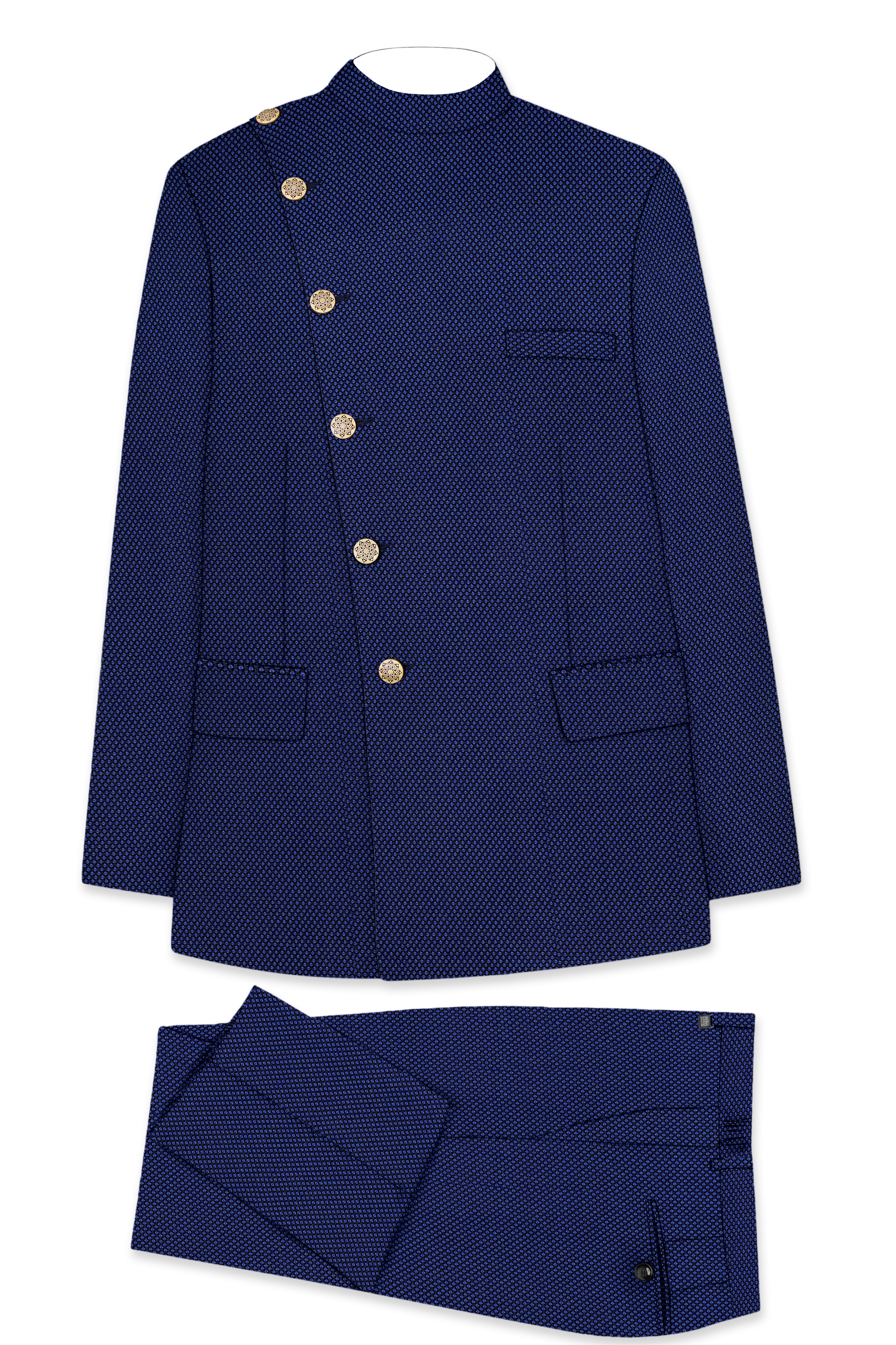 Tenebro-Midnight Blue Textured Wool Rich Cross Placket Bandhgala Suit