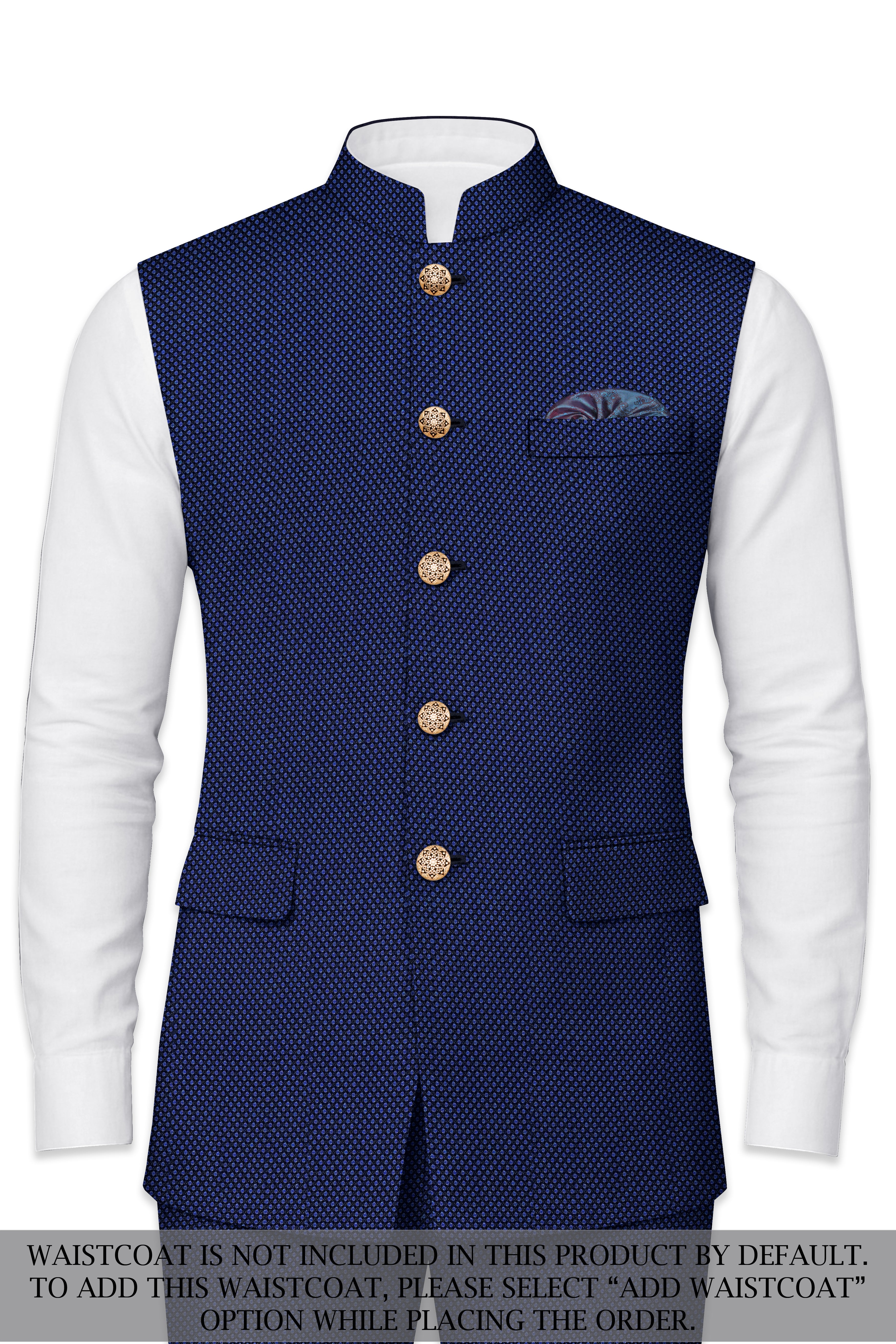 Tenebro-Midnight Blue Textured Wool Rich Cross Placket Bandhgala Suit