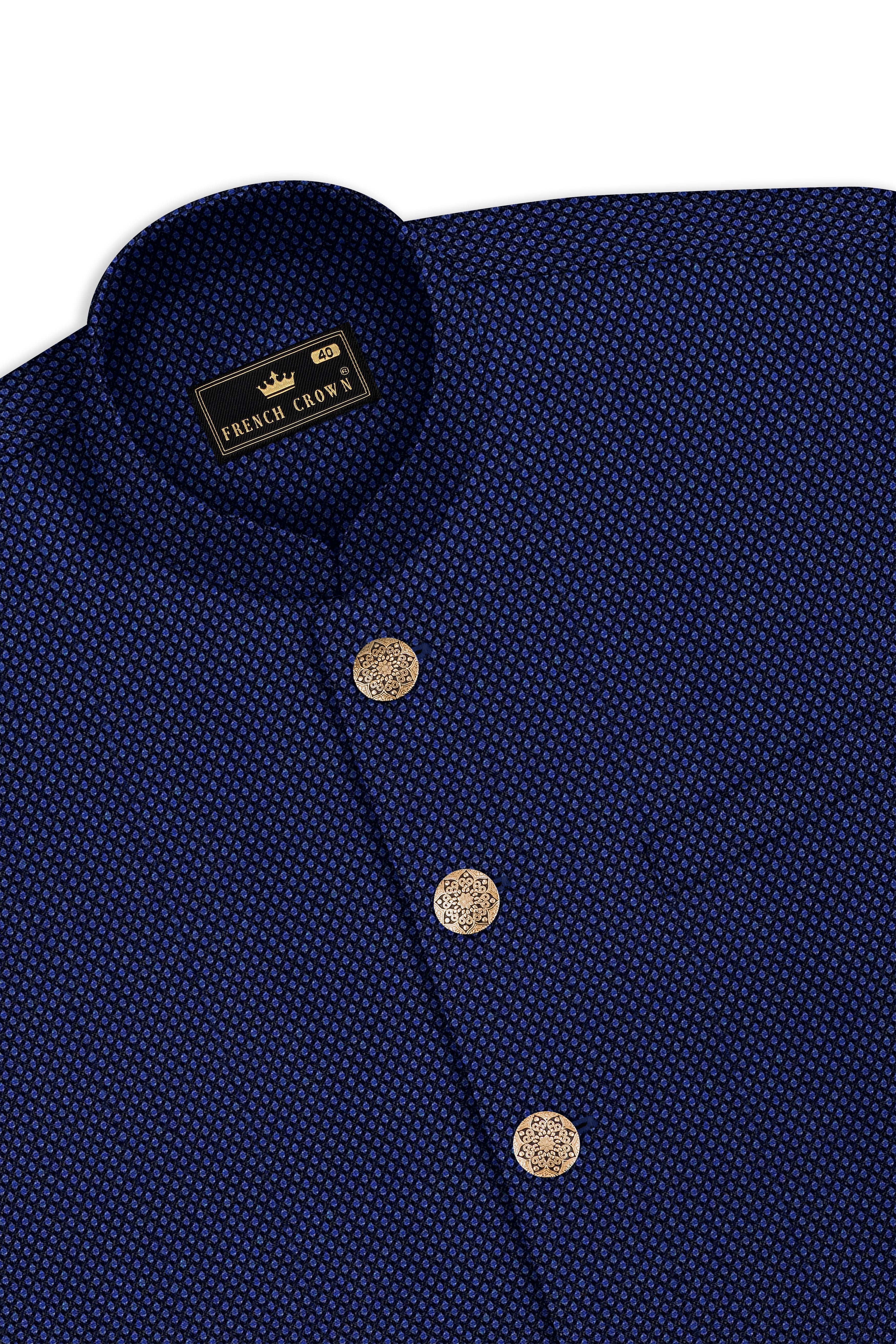 Tenebro-Midnight Blue Textured Wool Rich Cross Placket Bandhgala Suit