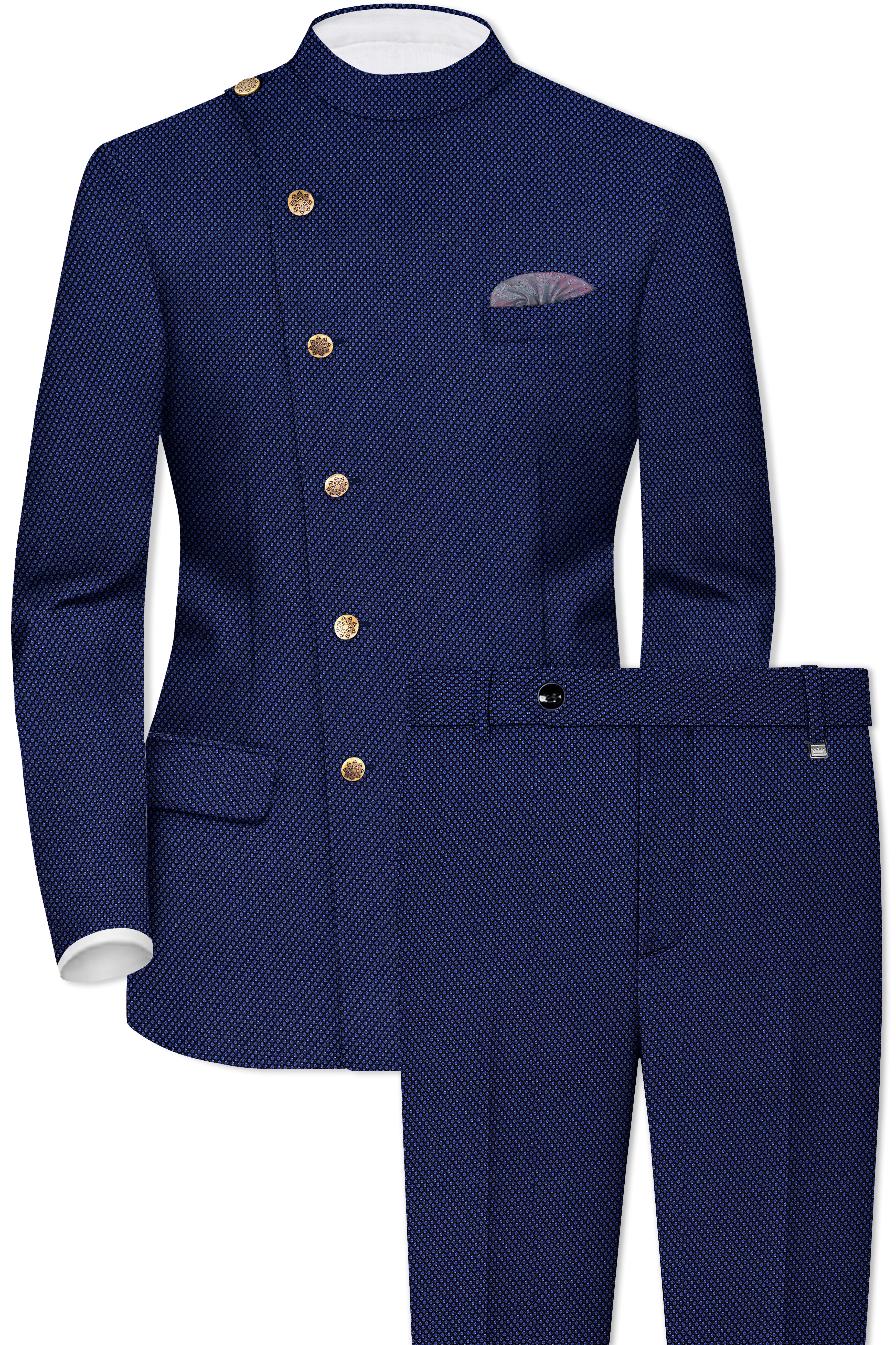 Tenebro-Midnight Blue Textured Wool Rich Cross Placket Bandhgala Suit