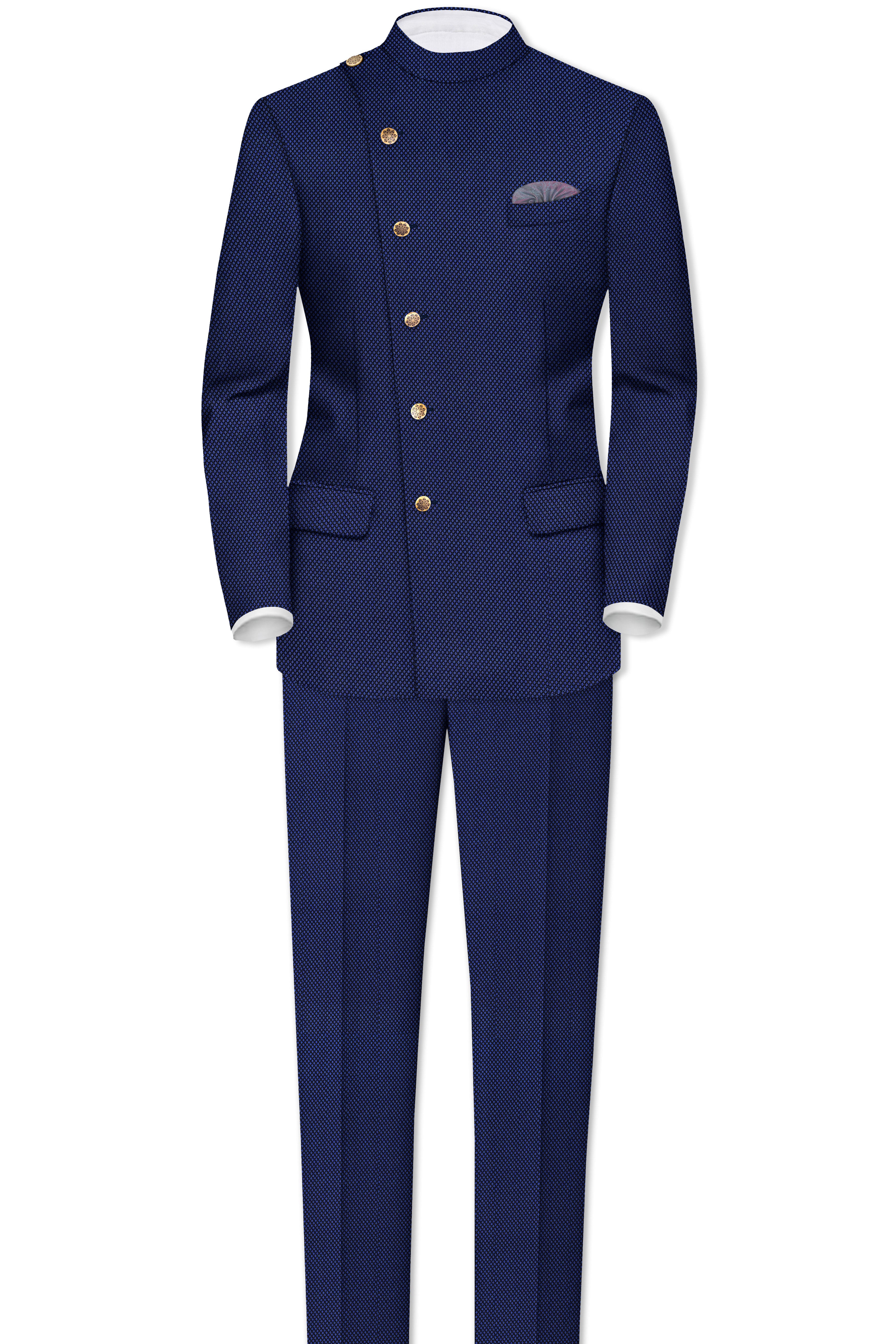 Tenebro-Midnight Blue Textured Wool Rich Cross Placket Bandhgala Suit