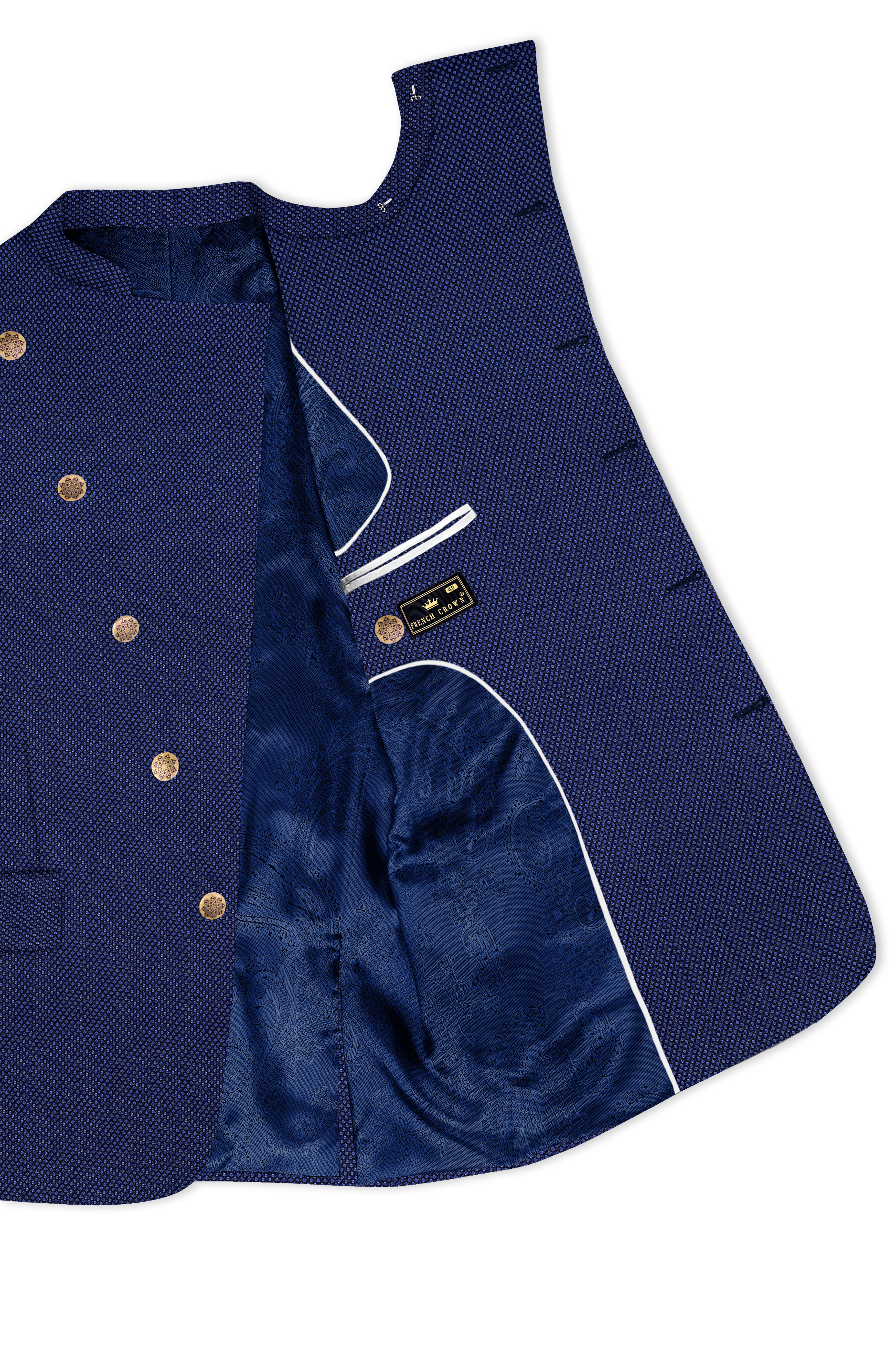 Tenebro-Midnight Blue Textured Wool Rich Cross Placket Bandhgala Suit