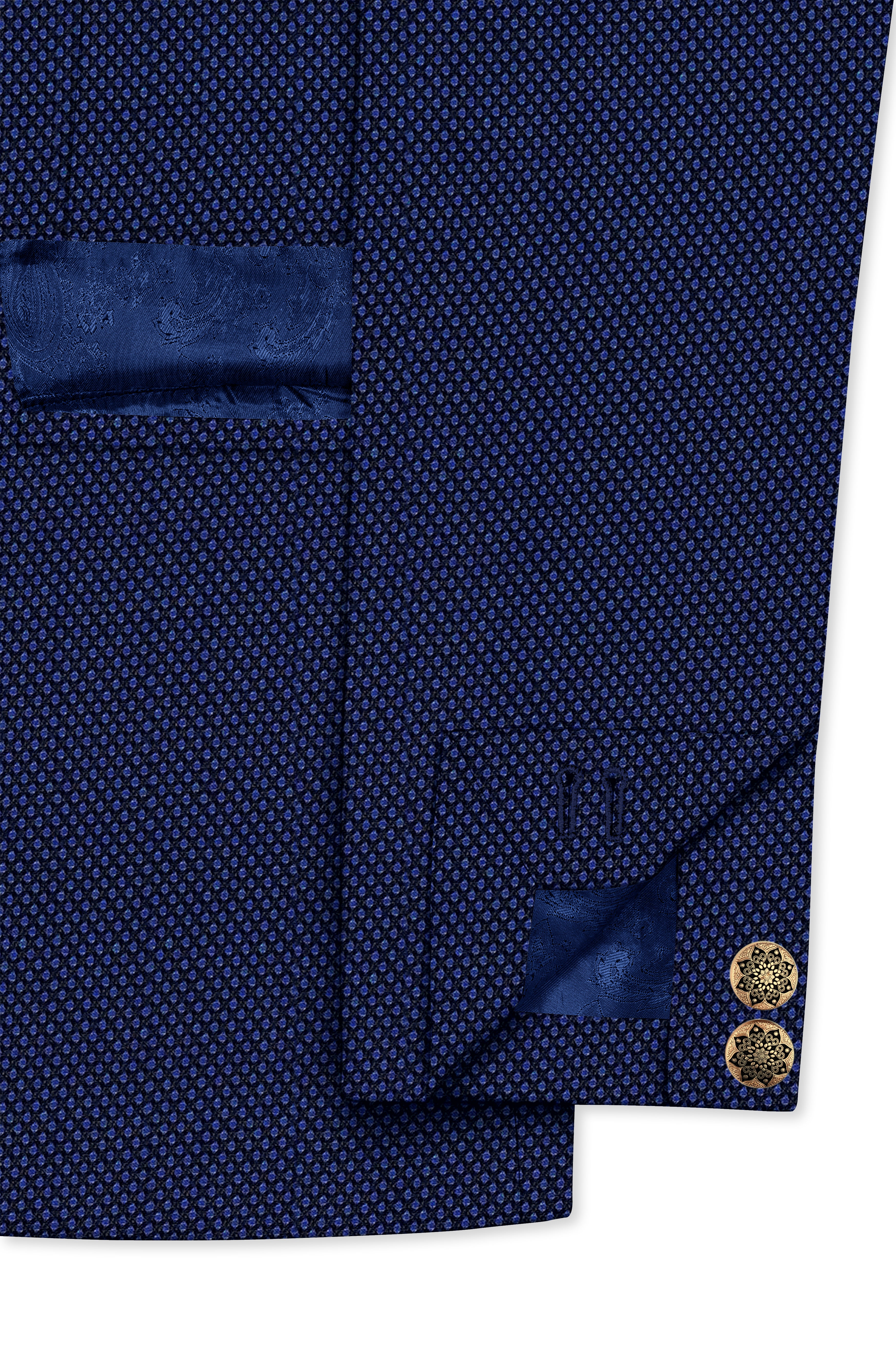 Tenebro-Midnight Blue Textured Wool Rich Cross Placket Bandhgala Suit
