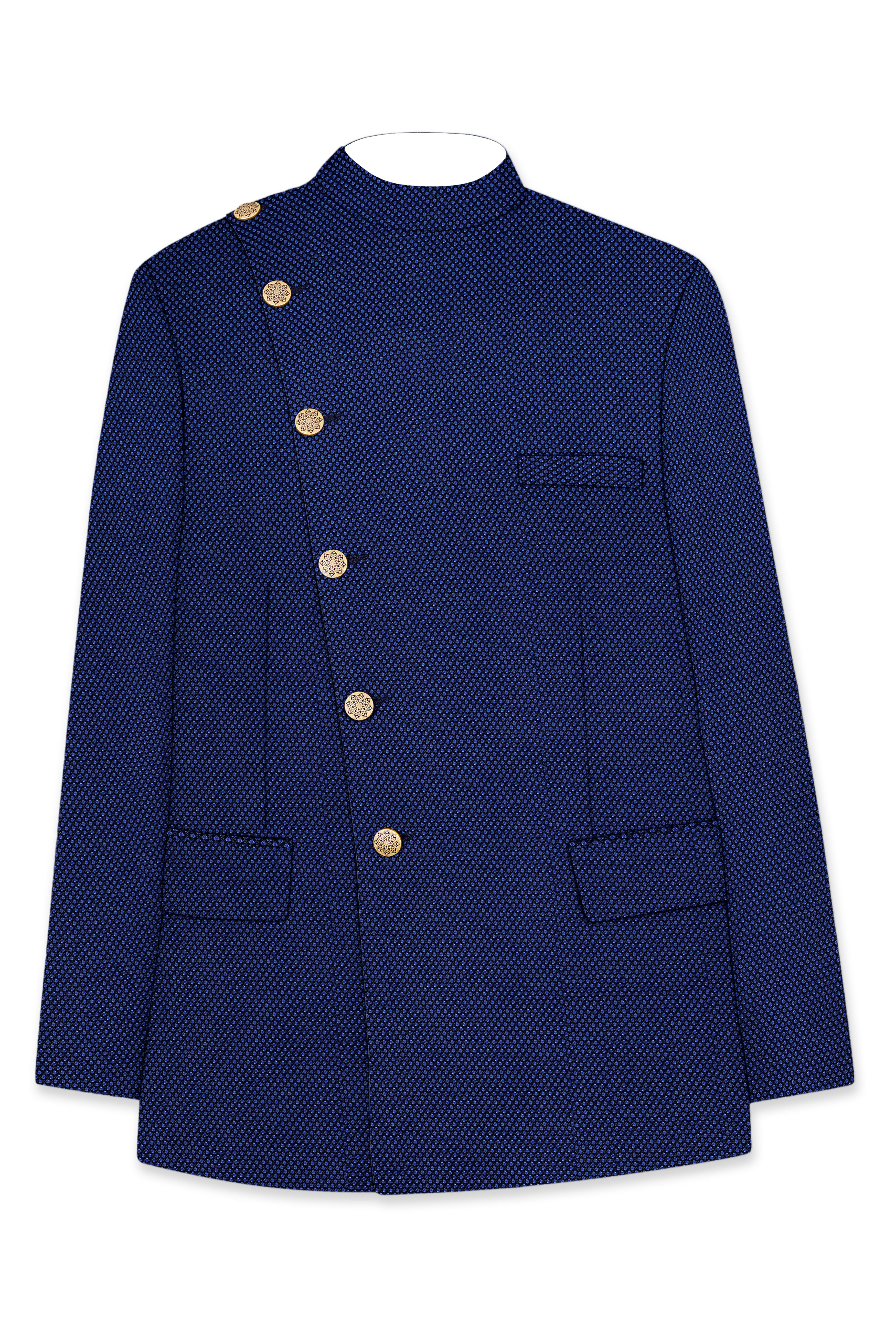 Tenebro-Midnight Blue Textured Wool Rich Cross Placket Bandhgala Suit