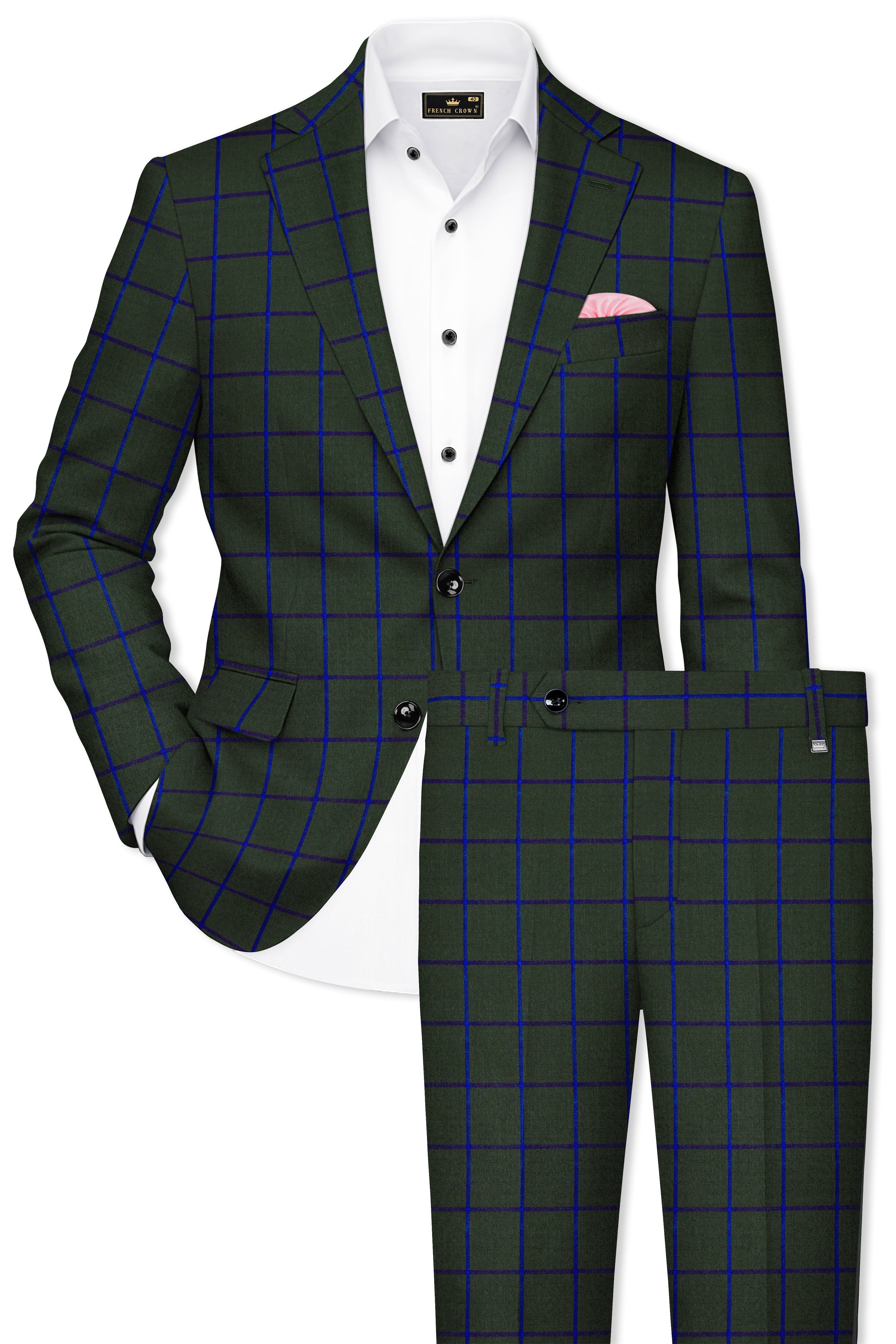 Virenzor-Thunder Green Windowpane Wool Rich Single Breasted Suit