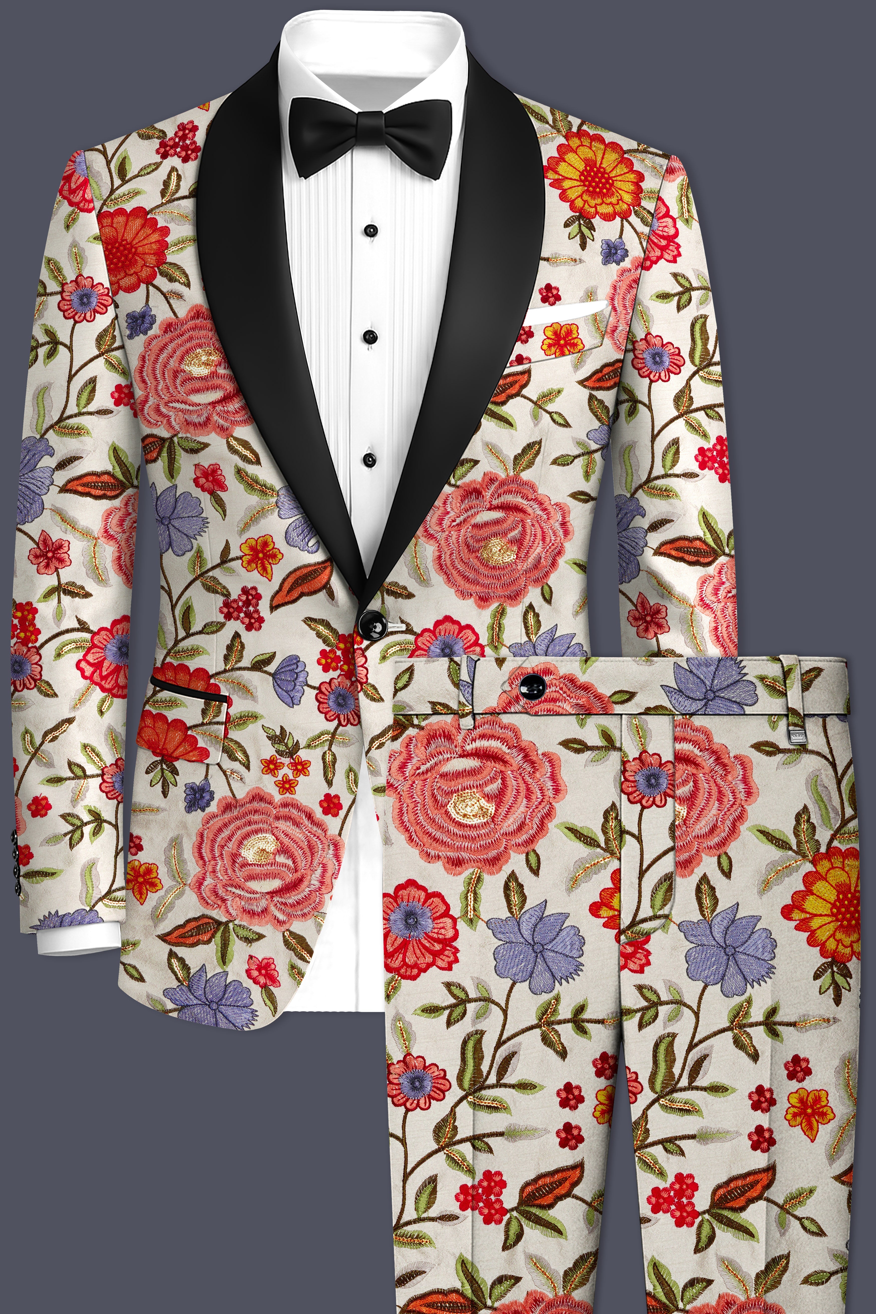 Floravon-Fantast Cream Multi Color Floral Cotton Thread Embroidered Designer Tuxedo Suit