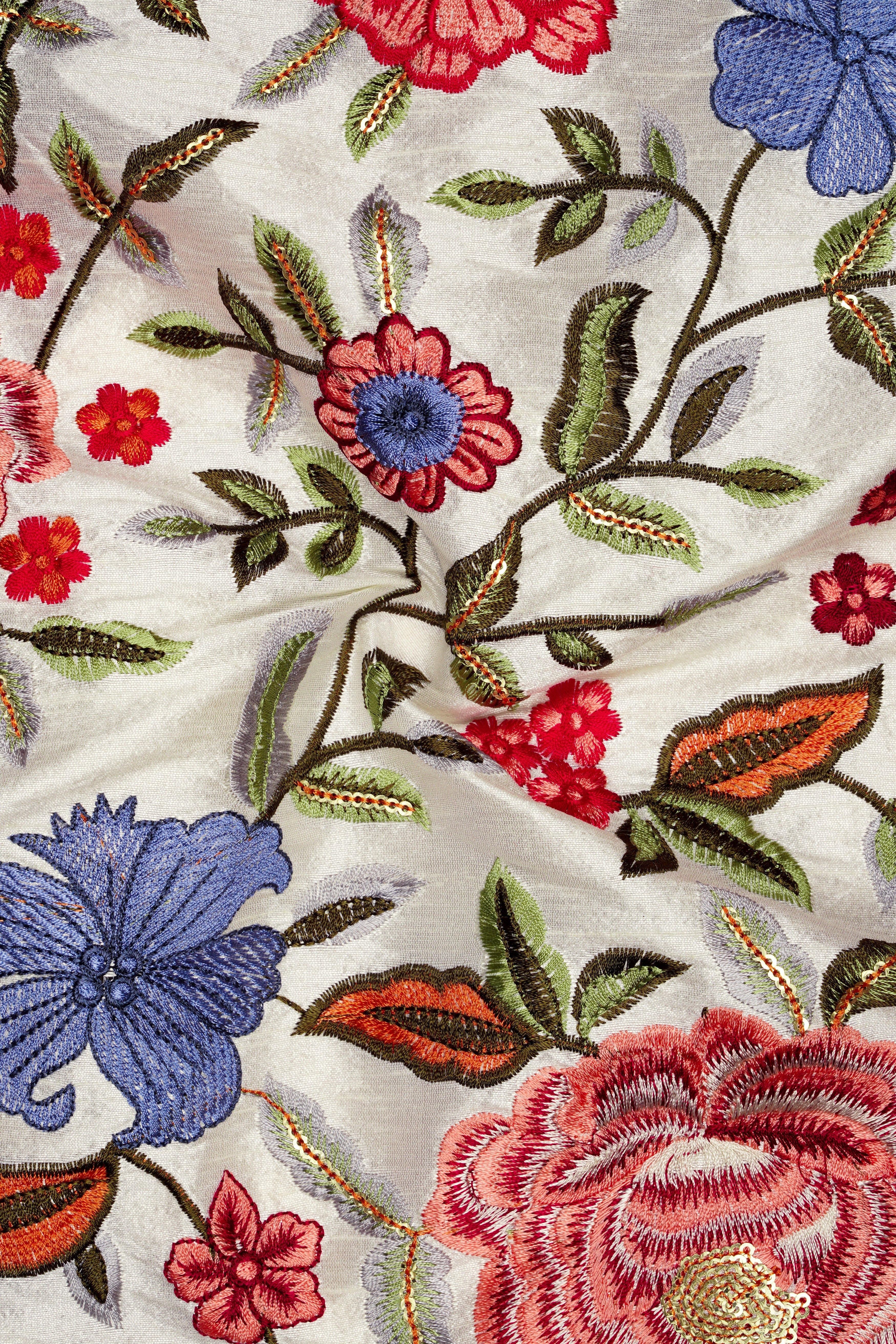 Floravon-Fantast Cream Multi Color Floral Cotton Thread Embroidered Designer Tuxedo Suit