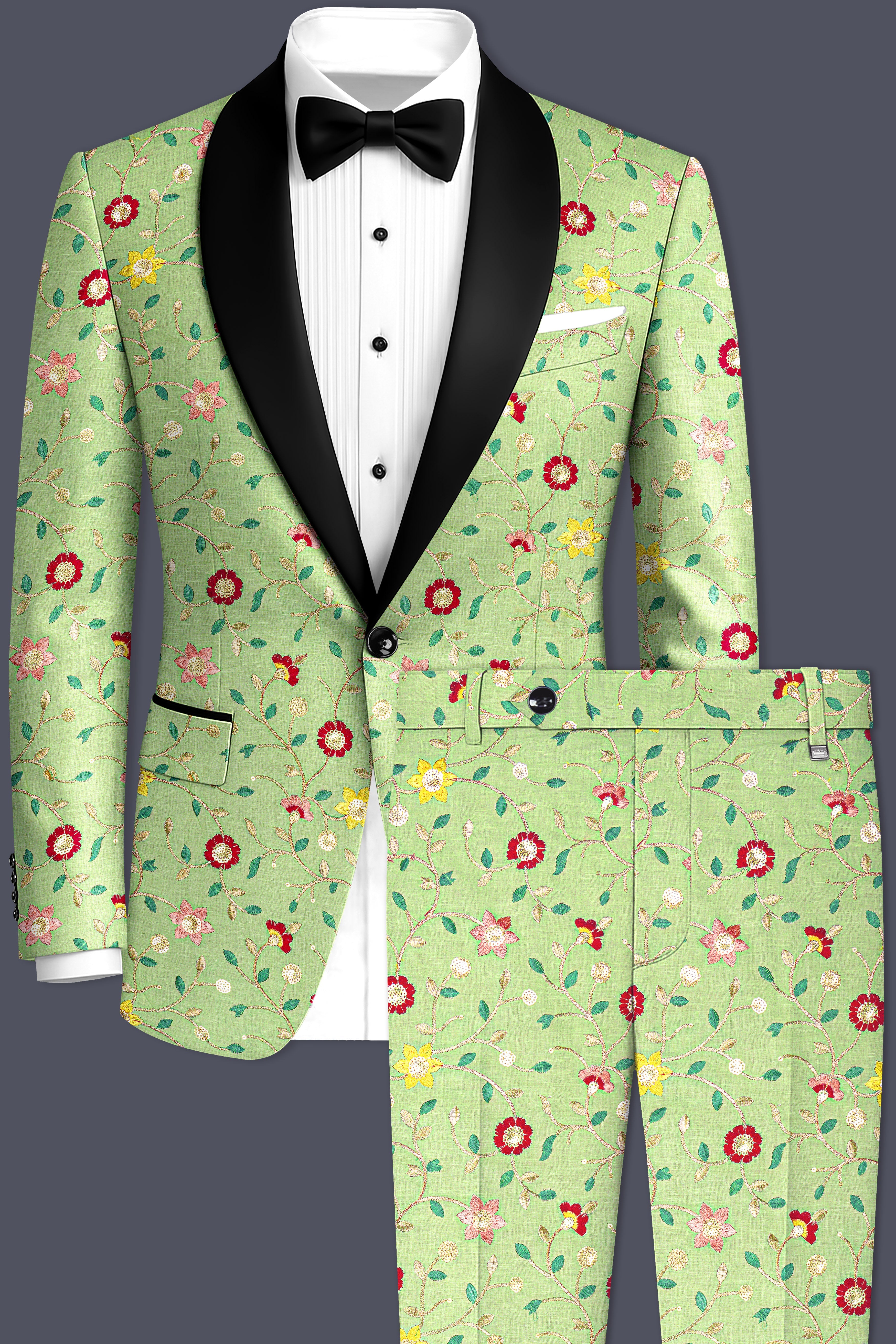 Verdoria-Hampton Green and Beryl Red Floral Multicolour Cotton Thread Embroidered Designer Tuxedo Suit