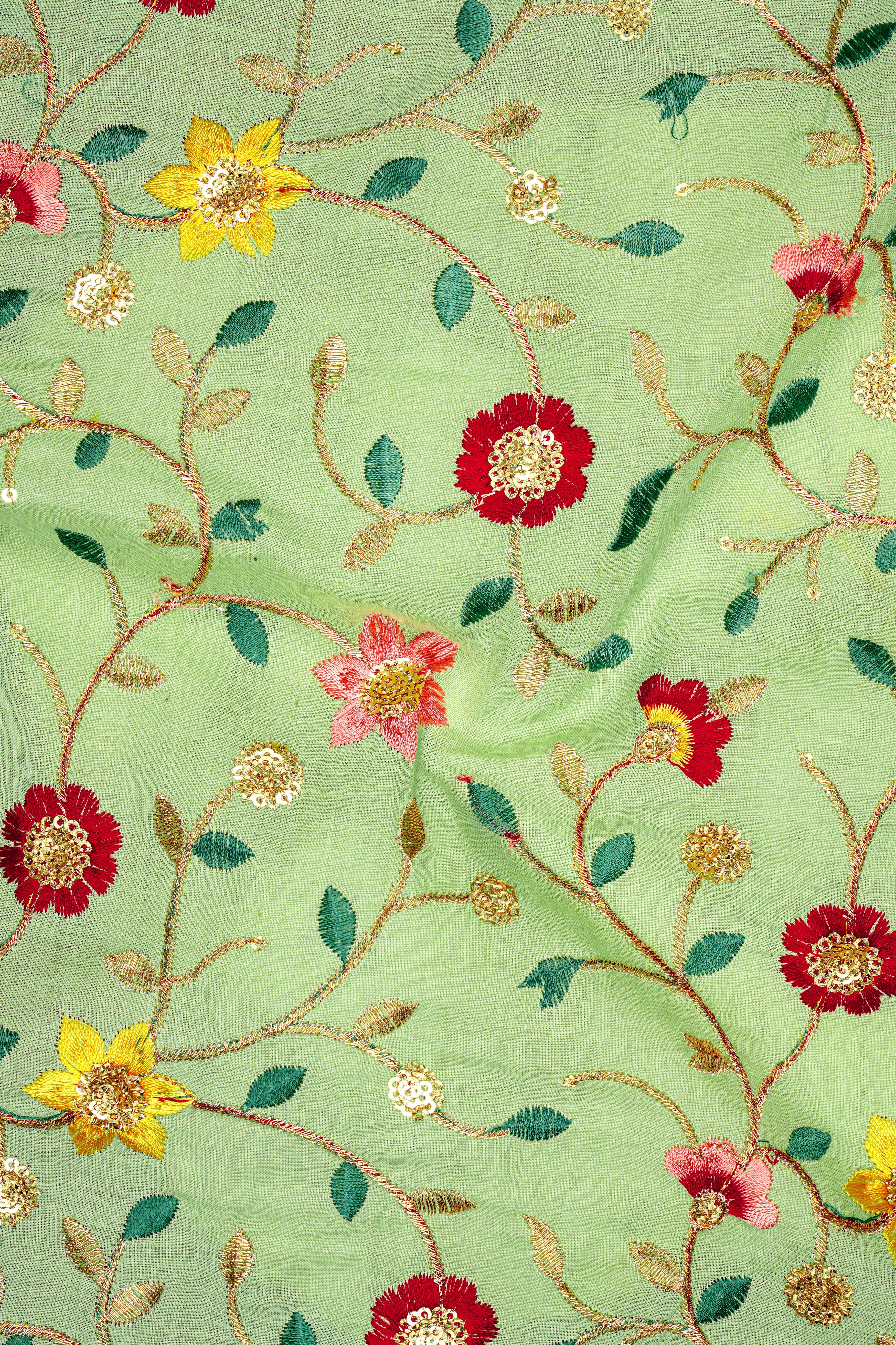 Verdoria-Hampton Green and Beryl Red Floral Multicolour Cotton Thread Embroidered Designer Tuxedo Suit