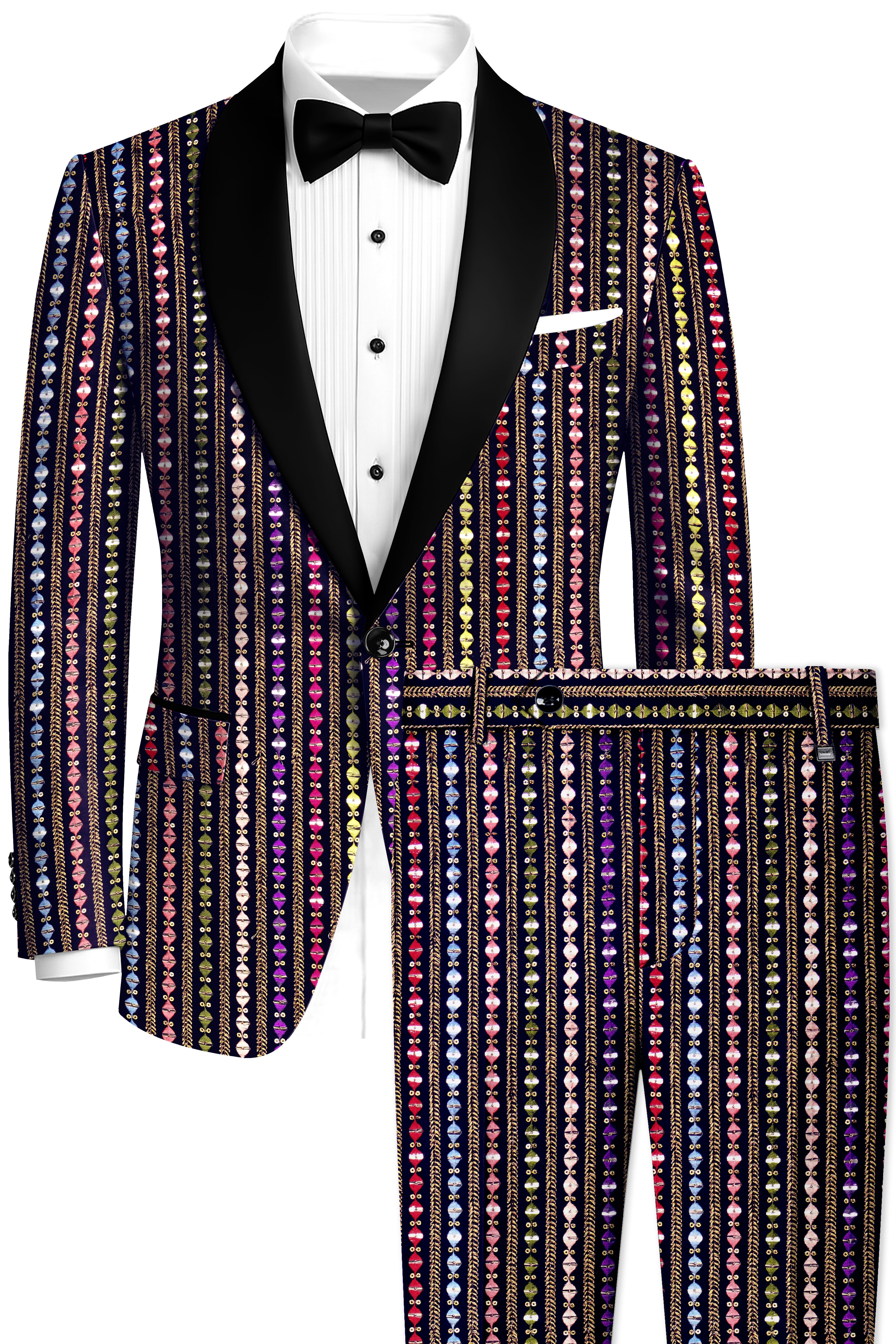 Lumivon-Ebony Blue and Cerise Pink Vertical Thread and Sequin Embroidered Designer Tuxedo Suit