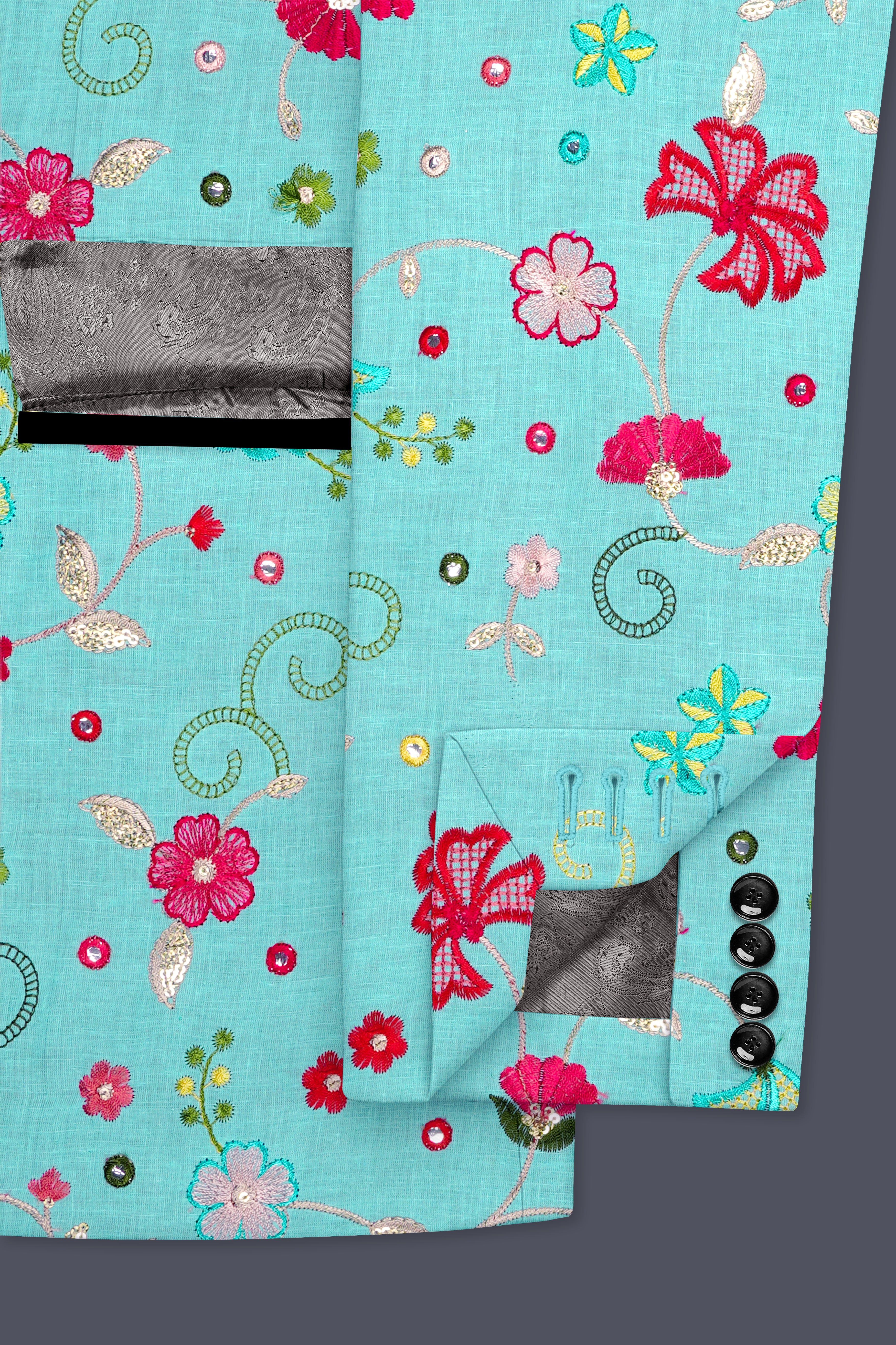 Rosavon-Cyan Blue and Charm Pink Floral Cotton Thread Embroidered Designer Tuxedo Suit