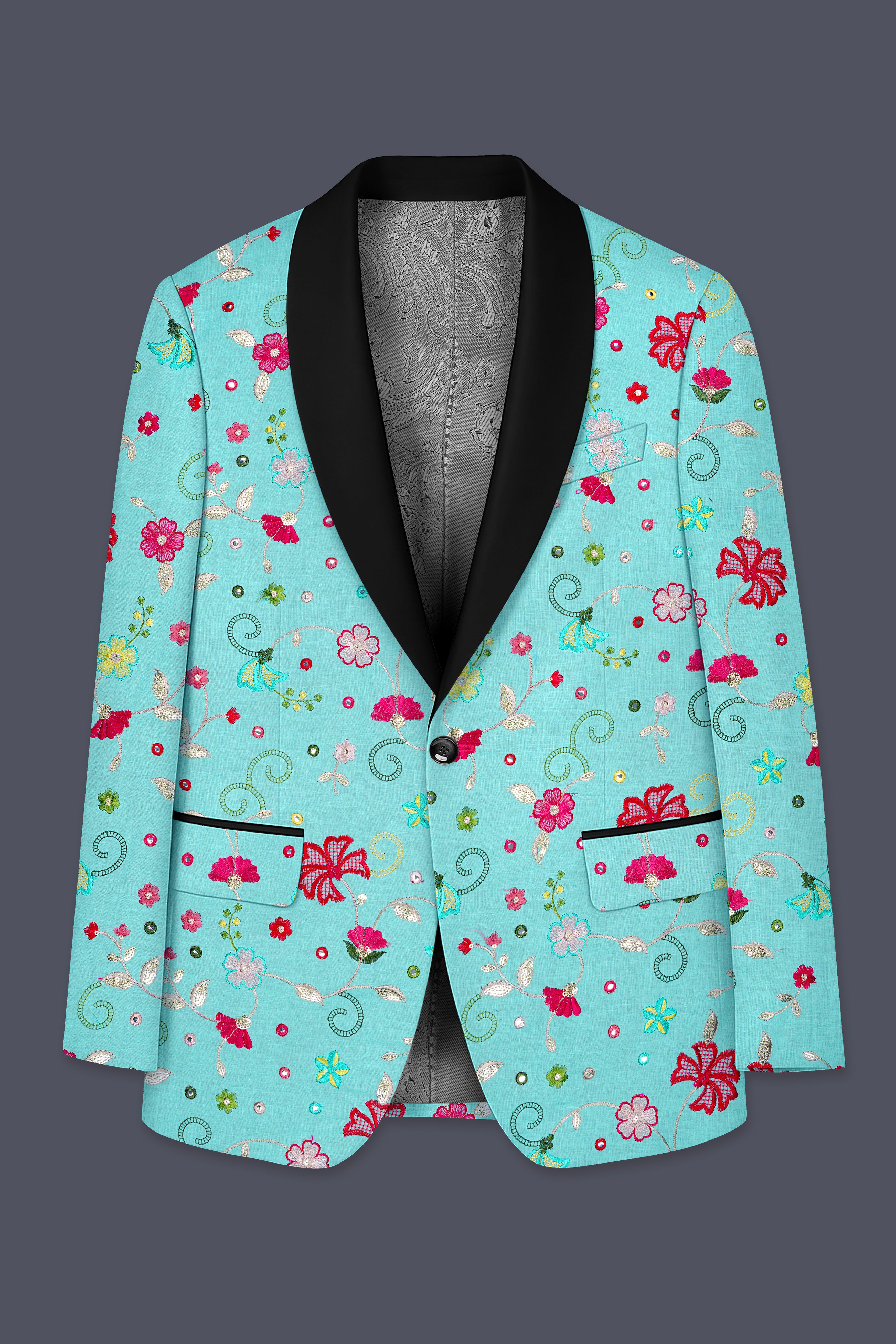Rosavon-Cyan Blue and Charm Pink Floral Cotton Thread Embroidered Designer Tuxedo Suit