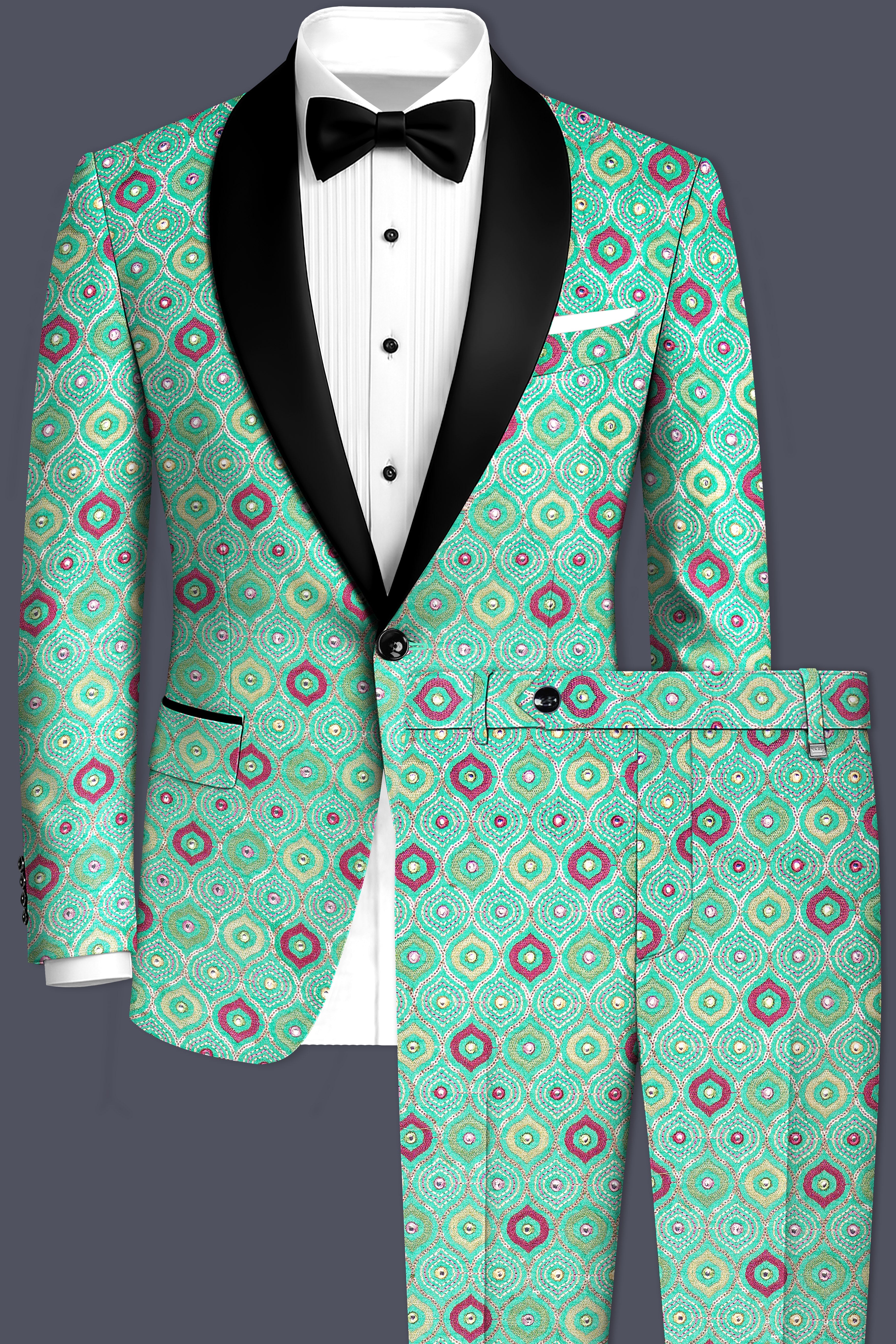 Florambre-Bermuda Green and Charm Pink Ogee Cotton Thread Embroidered Designer Tuxedo Suit