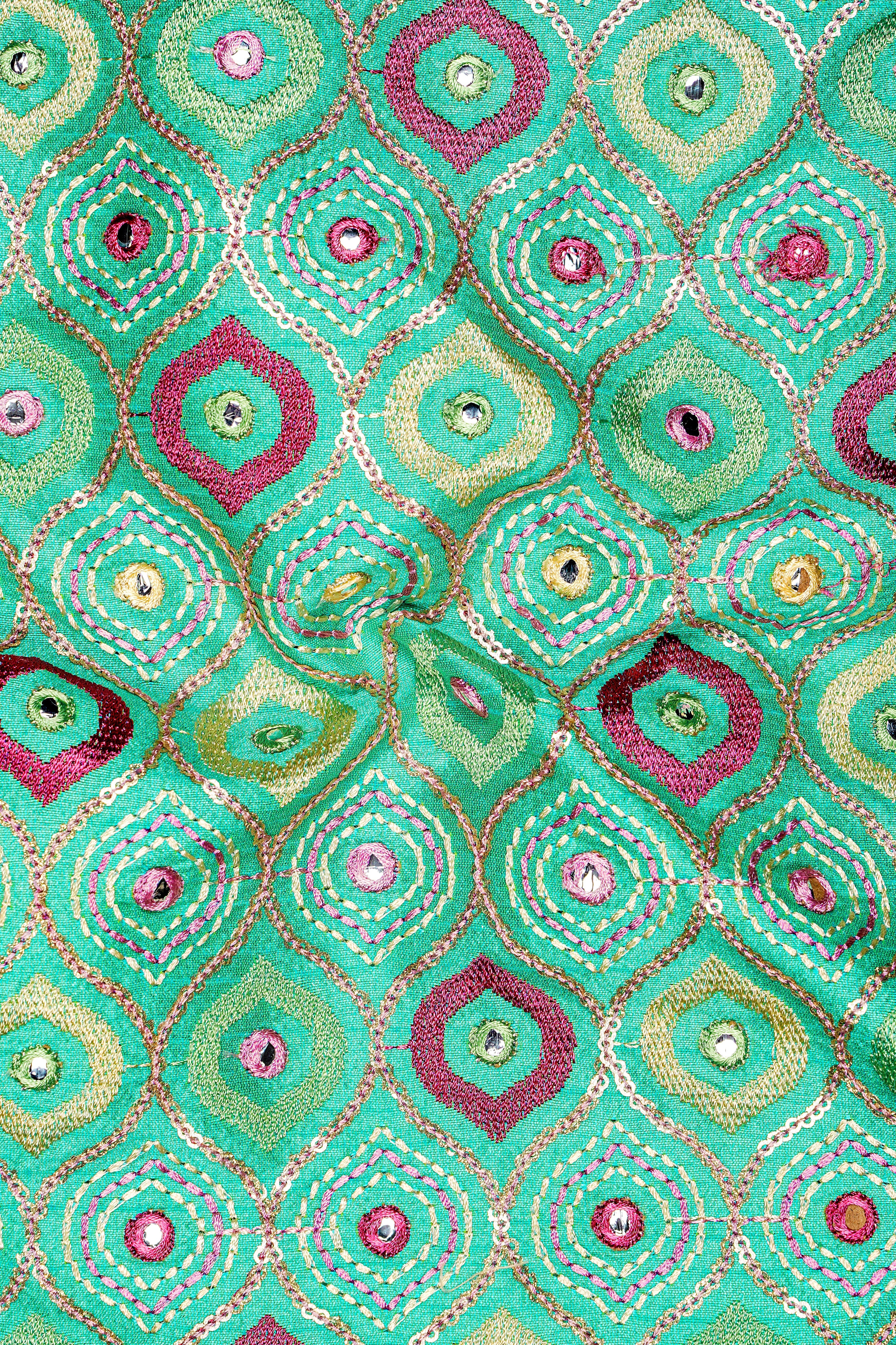 Florambre-Bermuda Green and Charm Pink Ogee Cotton Thread Embroidered Designer Tuxedo Suit