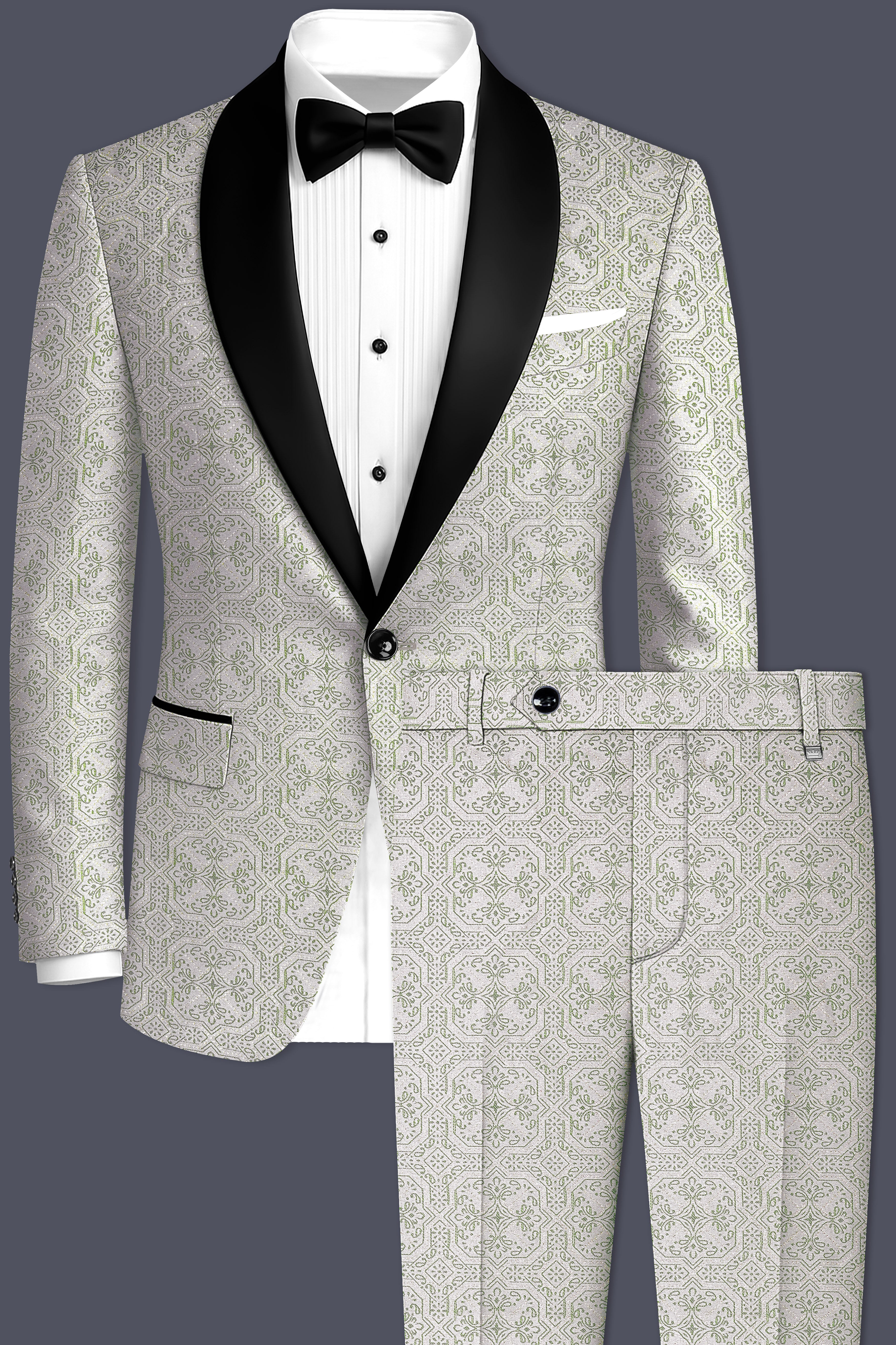 Gravino-Gainsboro Gray and Sage Green Geometric Jacquard Textured Designer Tuxedo Suit