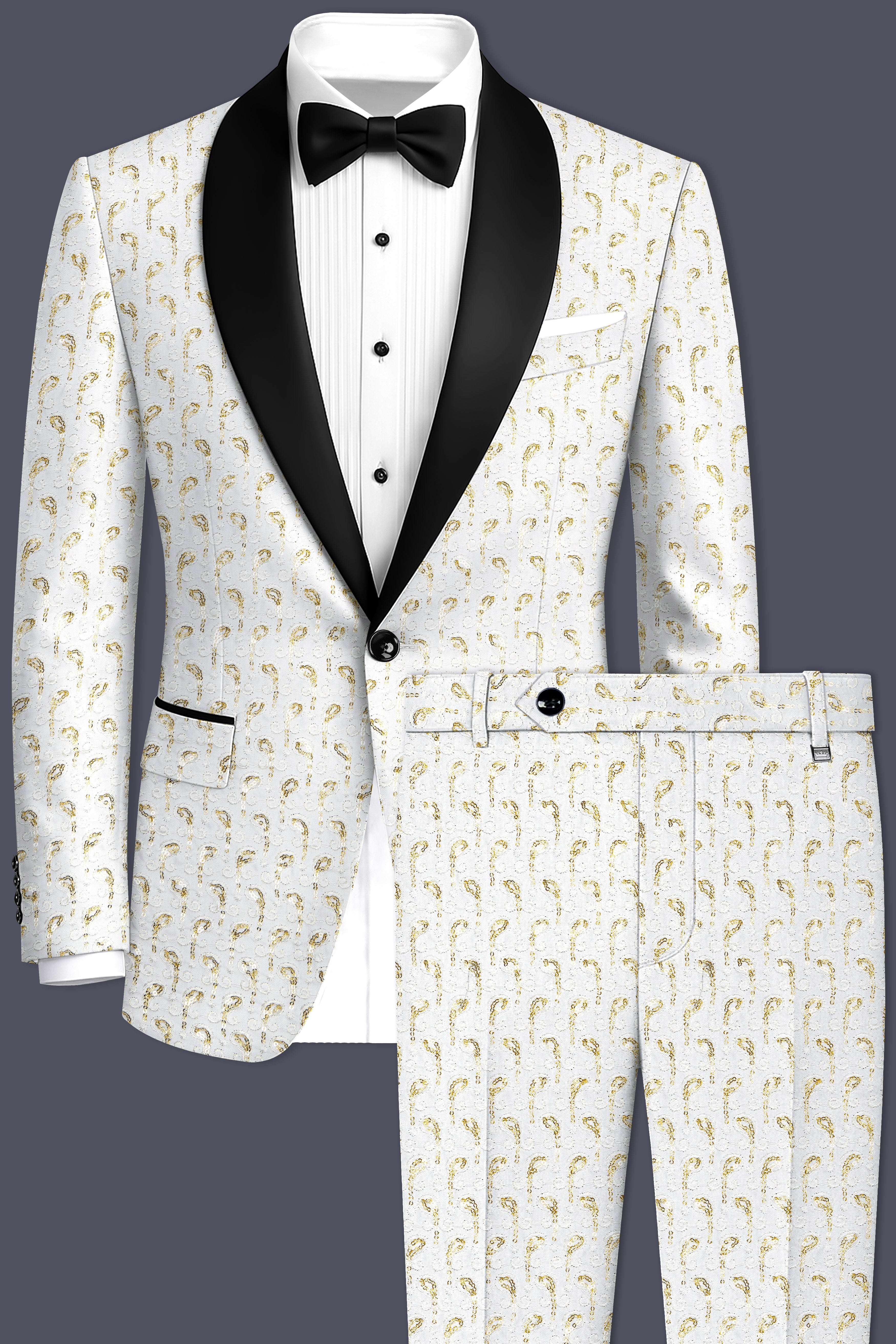 Sequenza-Bright White Leaves Pattern Sequin Embroidered Viscose Designer Tuxedo Suit