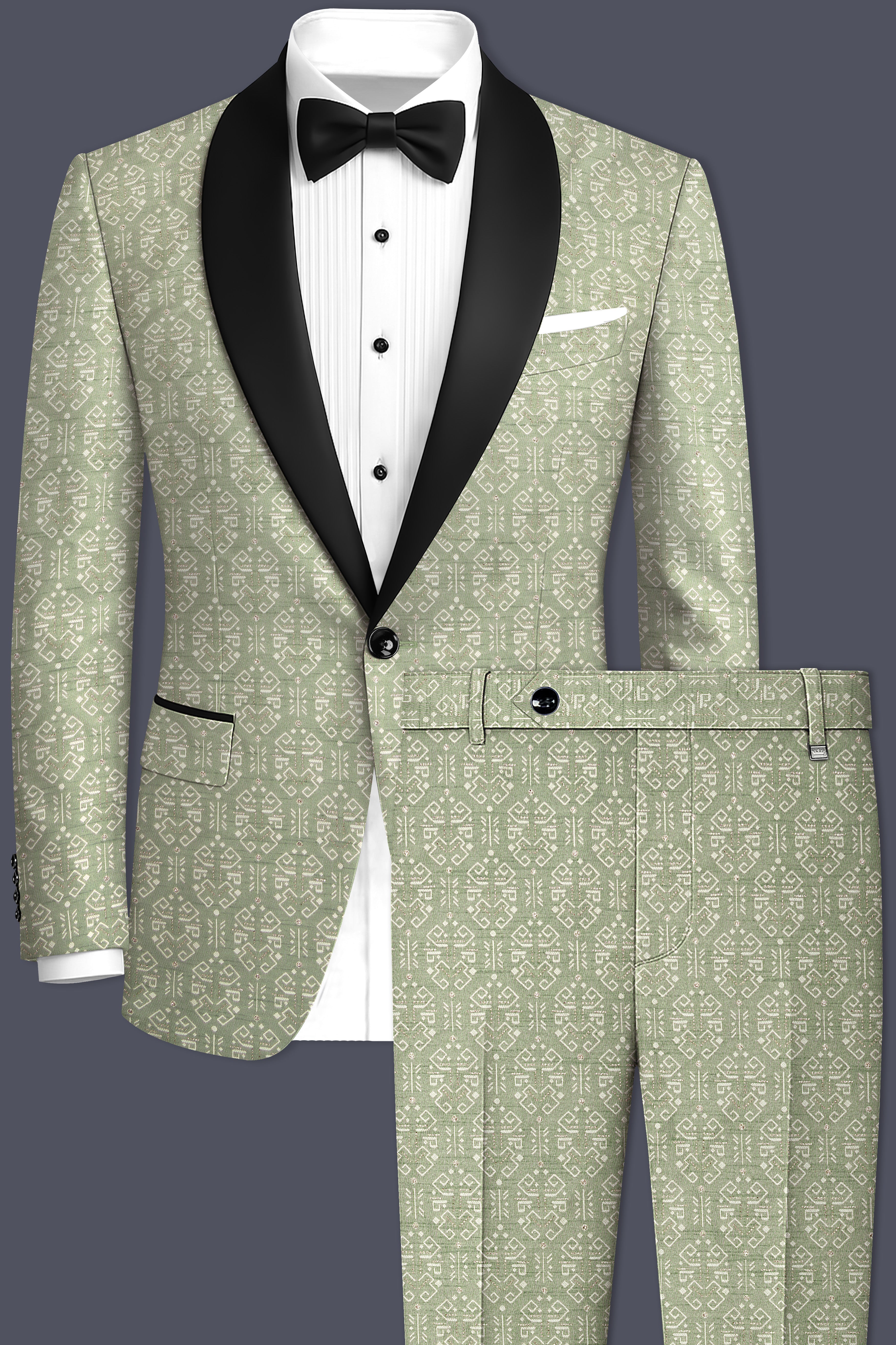 Verlino-Pumice Green and White Jacquard Textured Designer Tuxedo Suit