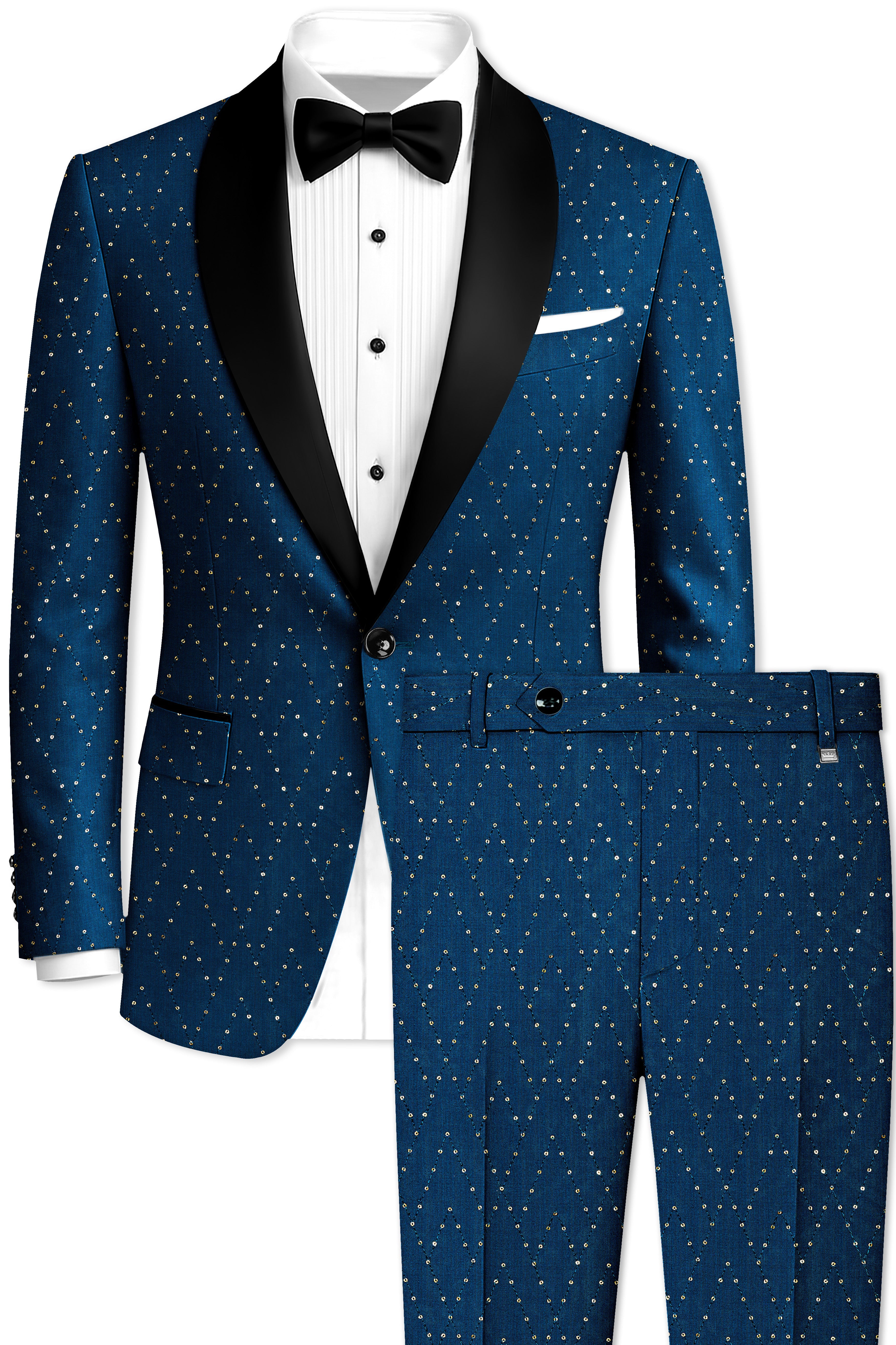 Aureven-Venice Blue Embroidered Viscose Tikki Work Designer Tuxedo Suit