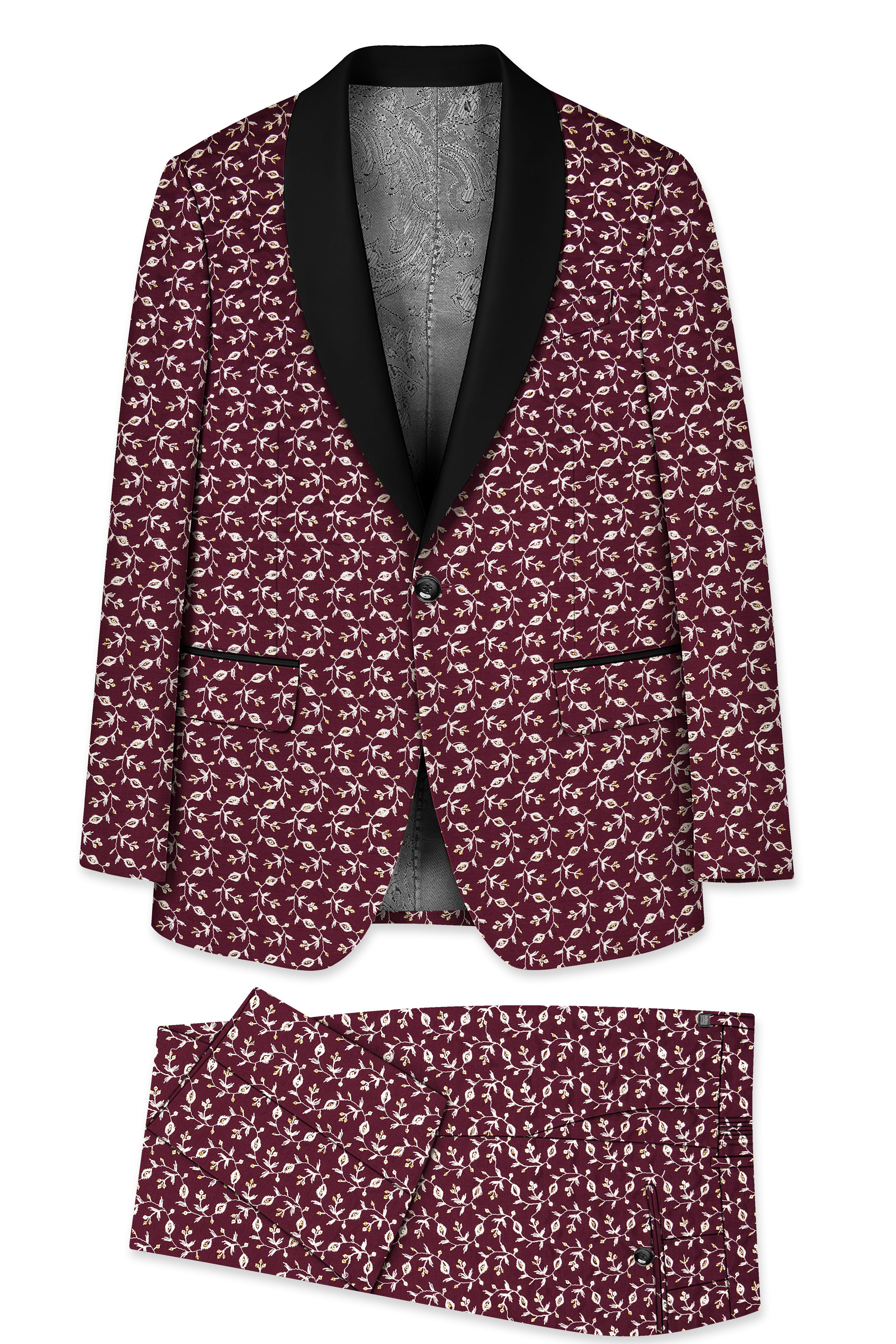 Rosencia-Mulberry Maroon Viscose Ditsy Embroidered With Tikki Work Designer Tuxedo Suit