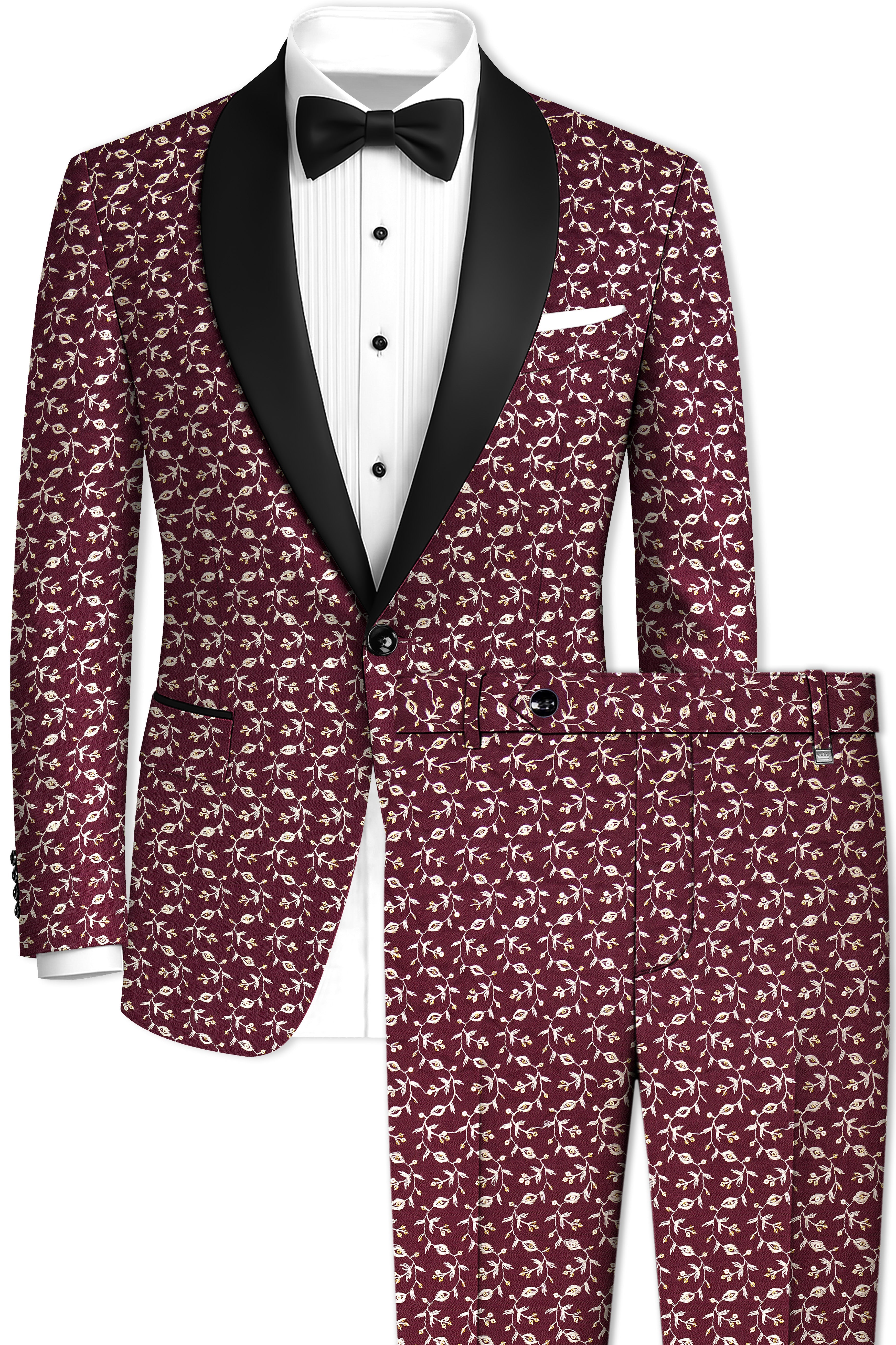 Rosencia-Mulberry Maroon Viscose Ditsy Embroidered With Tikki Work Designer Tuxedo Suit