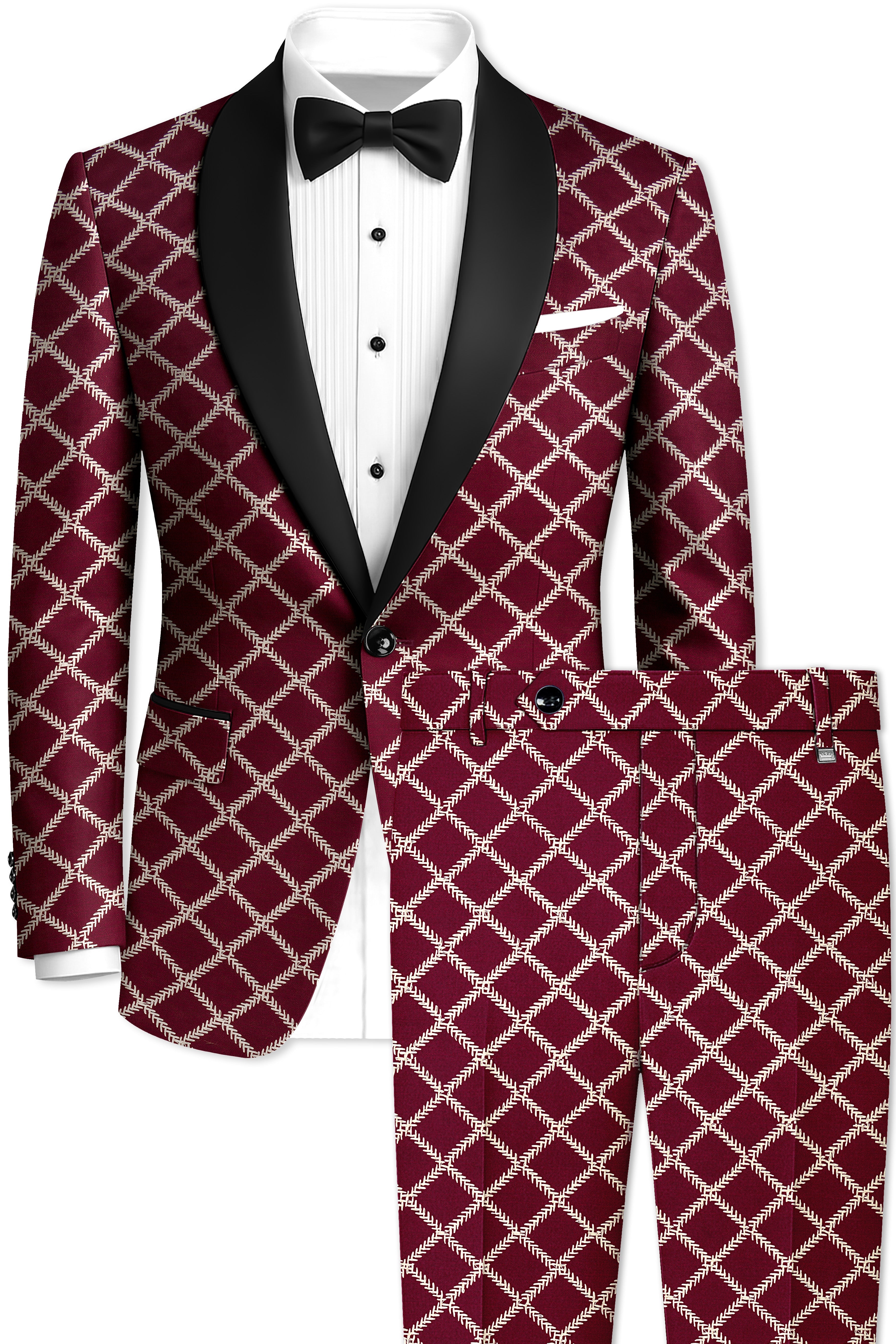 Viscara-Aubergine Maroon Geometric Pattern Thread Embroidered Viscose Designer Tuxedo Suit