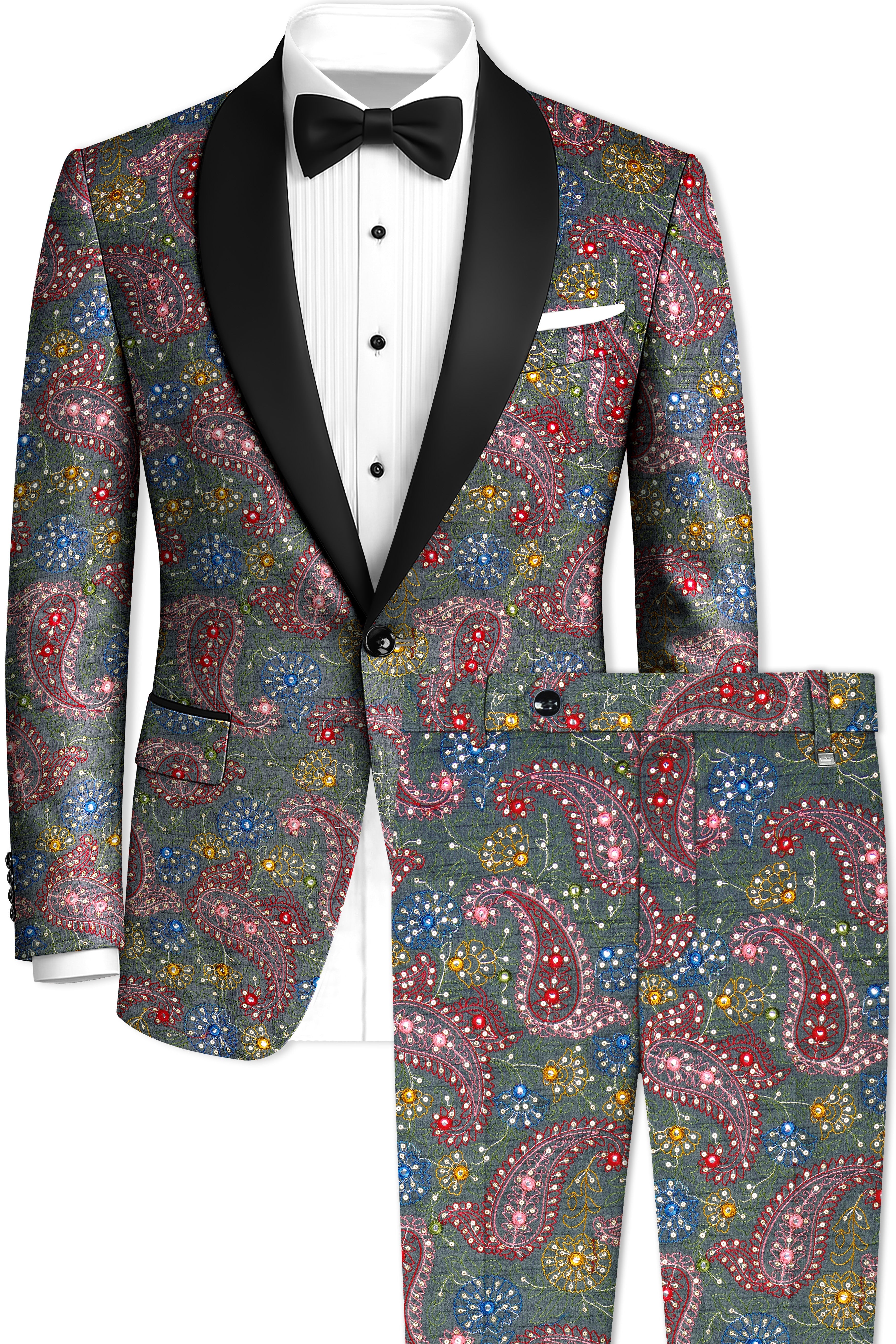 Paisora-Nickel Gray and Brink Pink Paisley Cotton Thread Embroidered Designer Tuxedo Suit