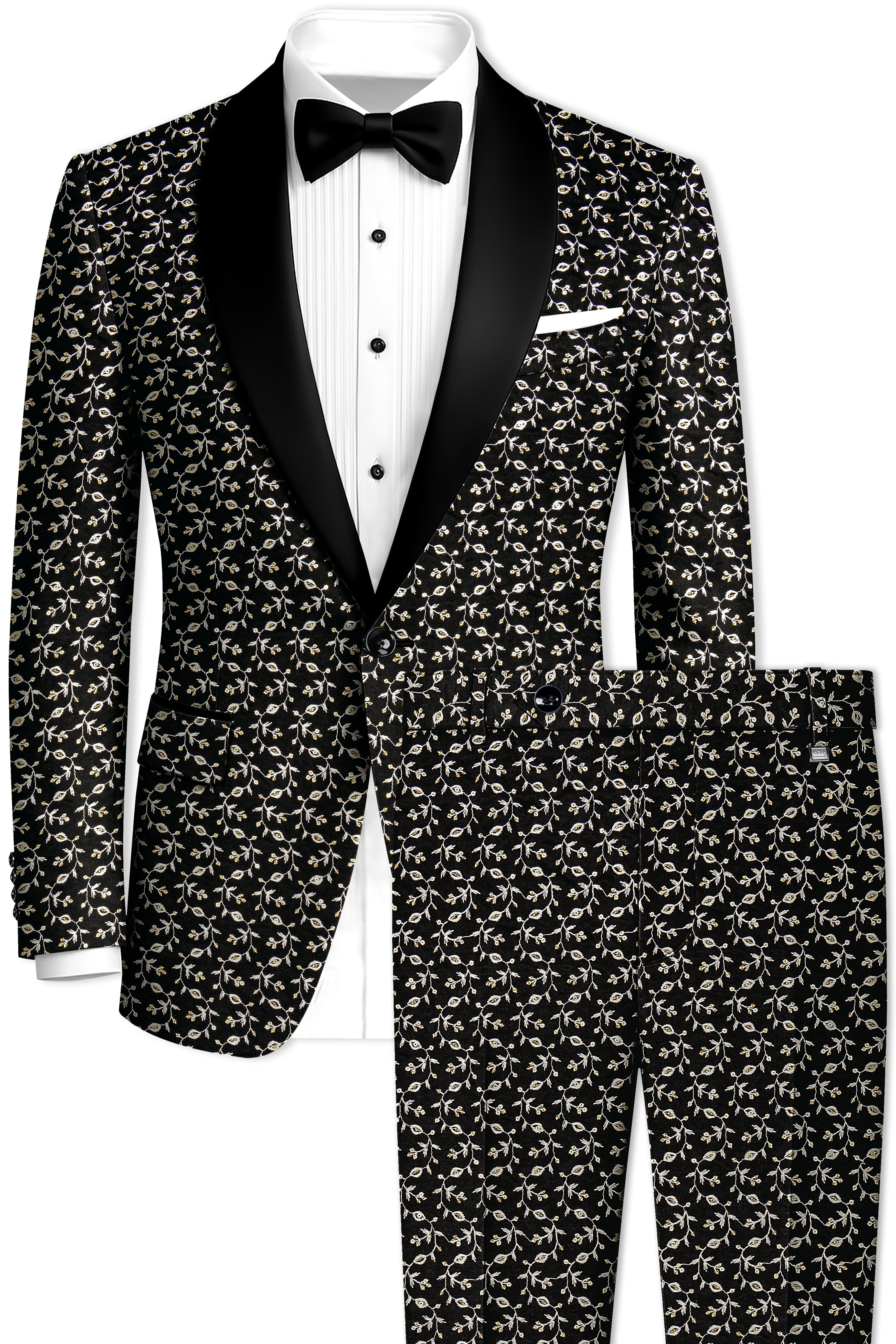 Nerquise-Jade Black Ditsy Pattern Thread and Sequin Embroidered Viscose Designer Tuxedo Suit
