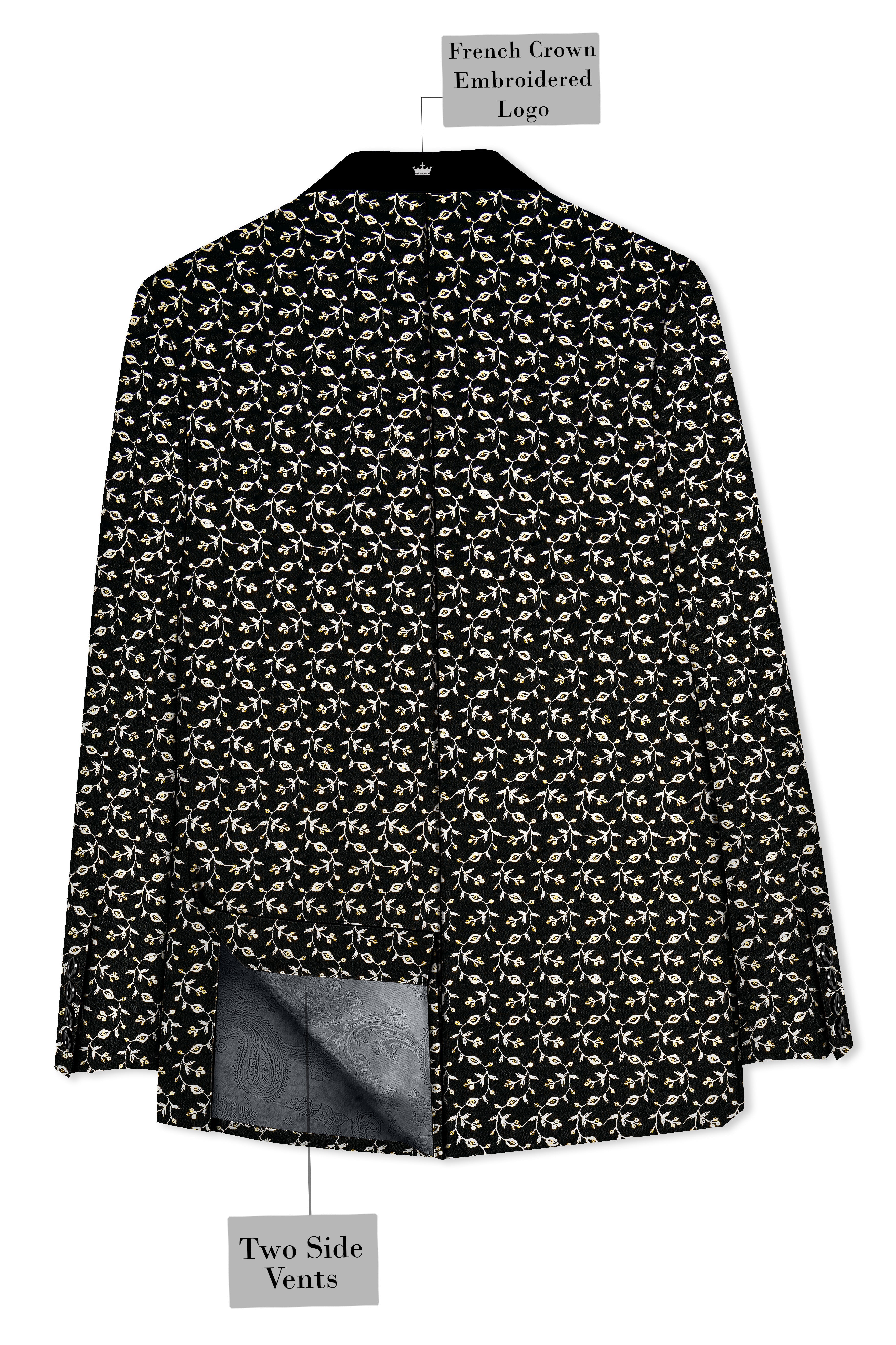 Nerquise-Jade Black Ditsy Pattern Thread and Sequin Embroidered Viscose Designer Tuxedo Suit