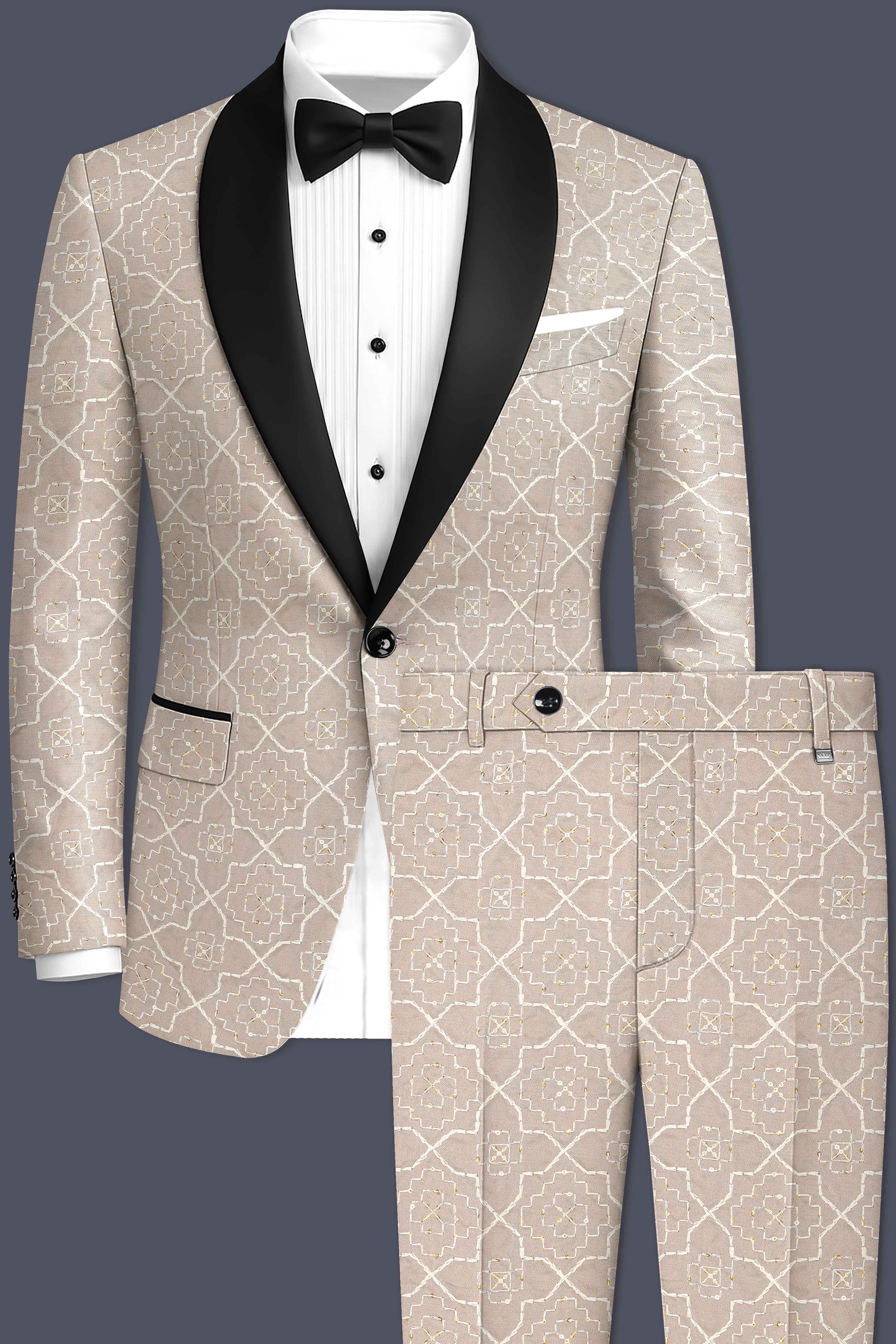 Aurellis-Chalice Brown Trellis Pattern Thread and Sequin Embroidered Viscose Designer Tuxedo Suit