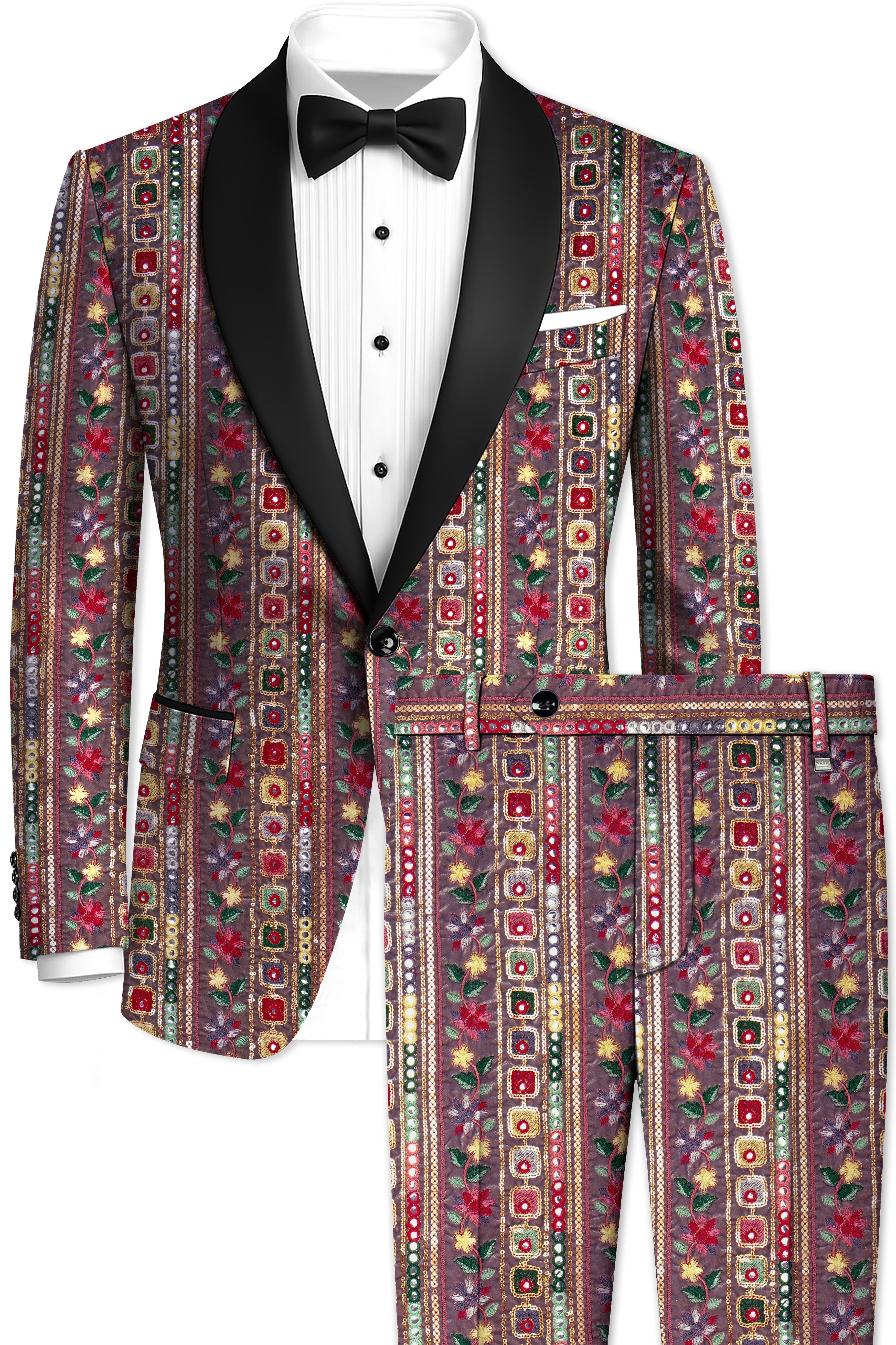 Refletta-Fedora Gray and Carmine Pink Thread and Sequin Embroidered with Mirror Work Designer Tuxedo Suit