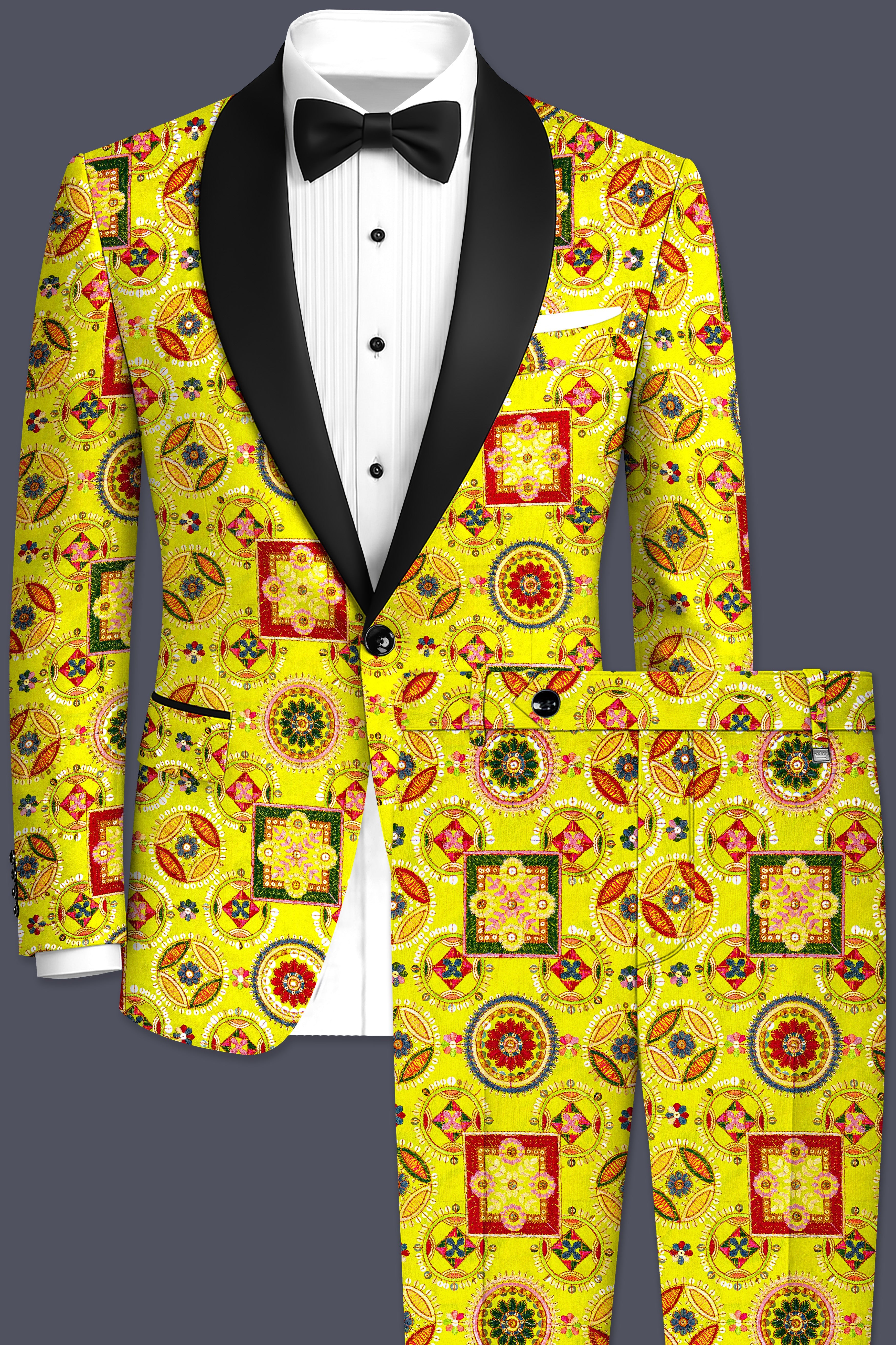 Coutflora-Custard Yellow Multicolour Cotton Thread Embroidered Designer Tuxedo Suit