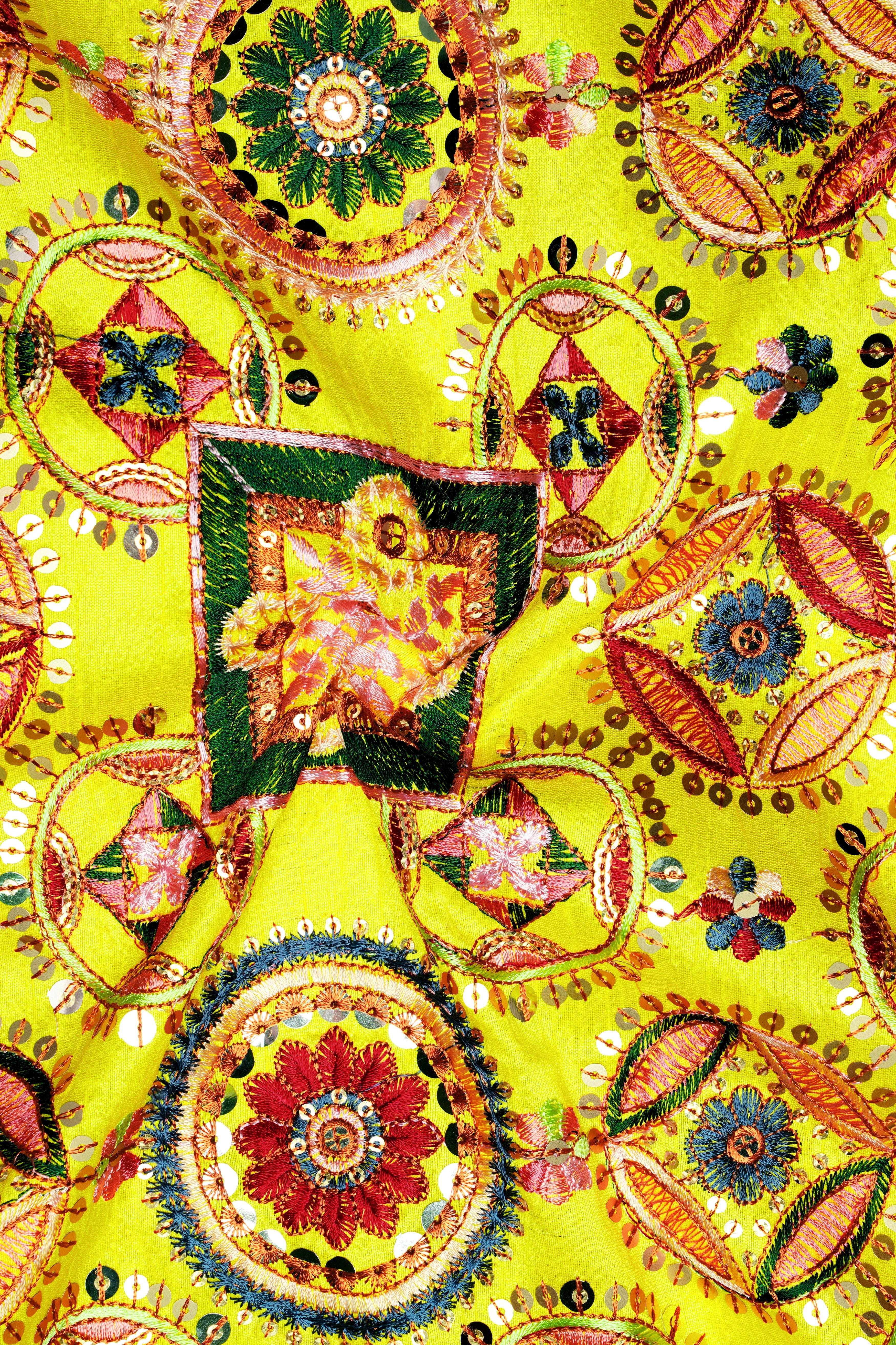 Coutflora-Custard Yellow Multicolour Cotton Thread Embroidered Designer Tuxedo Suit