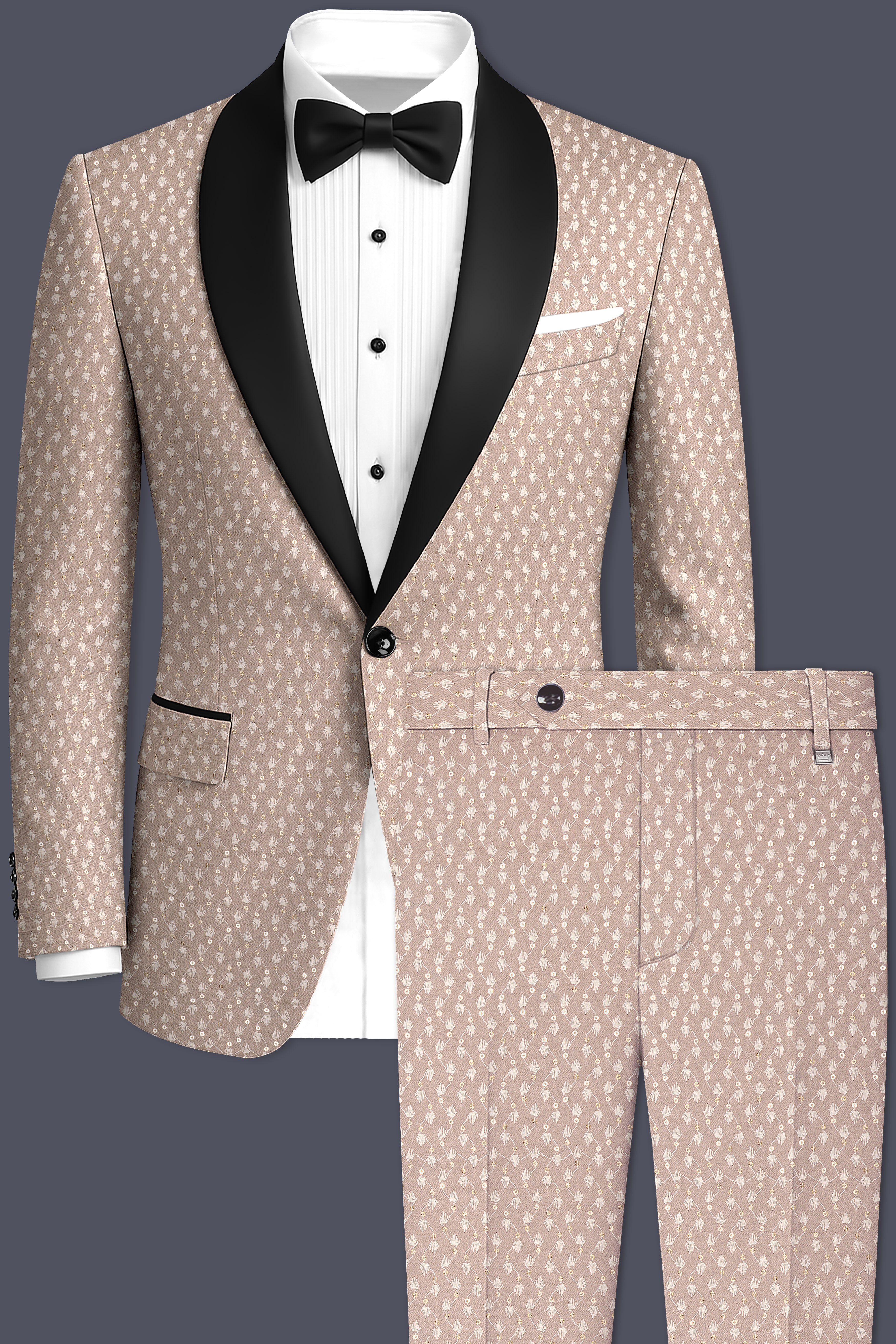 Brunora-Clam Shell Brown Embroidered Viscose Designer Tuxedo Suit