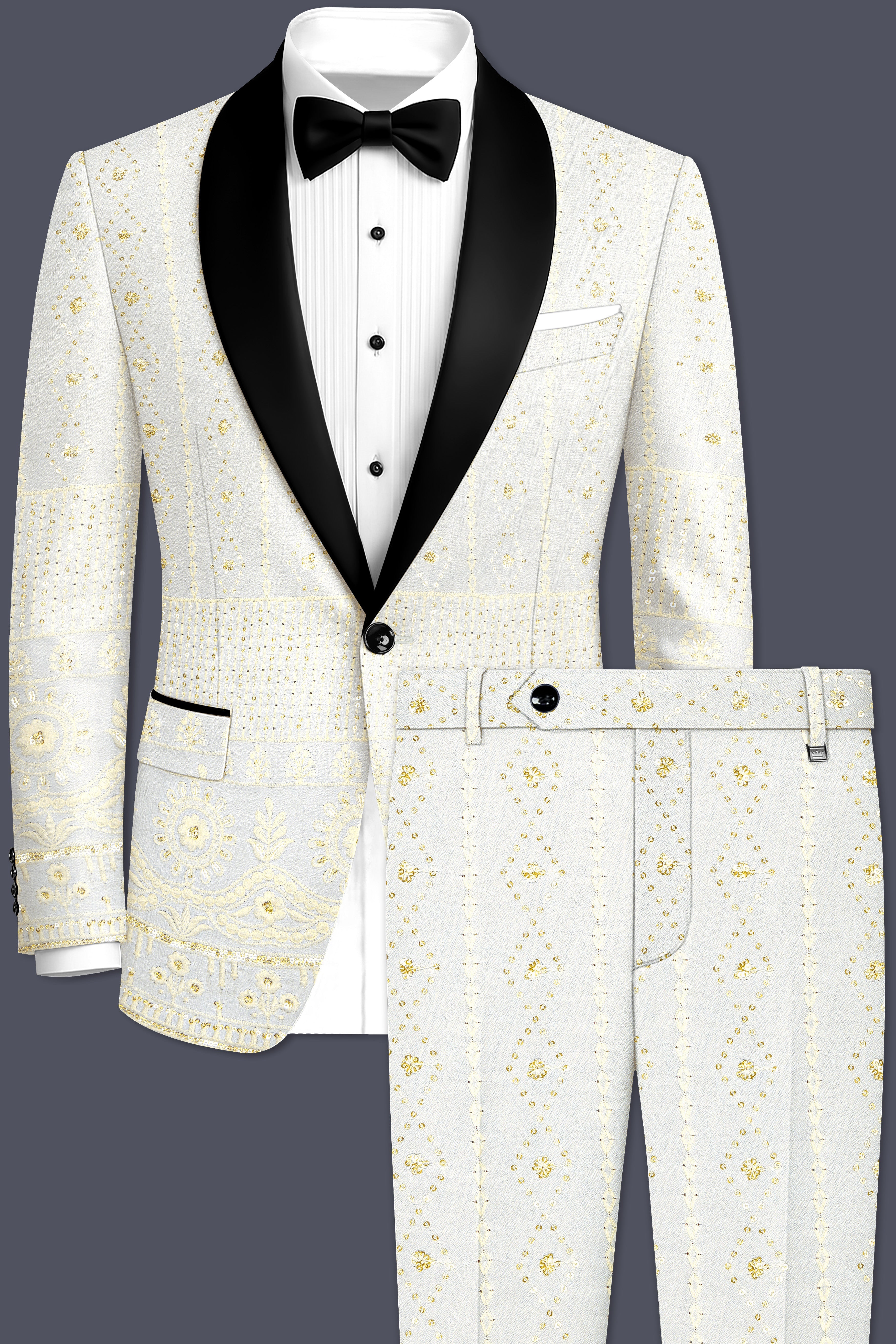Aurevia-Albescent Cream With Sequin Embroidered Designer Tuxedo Suit