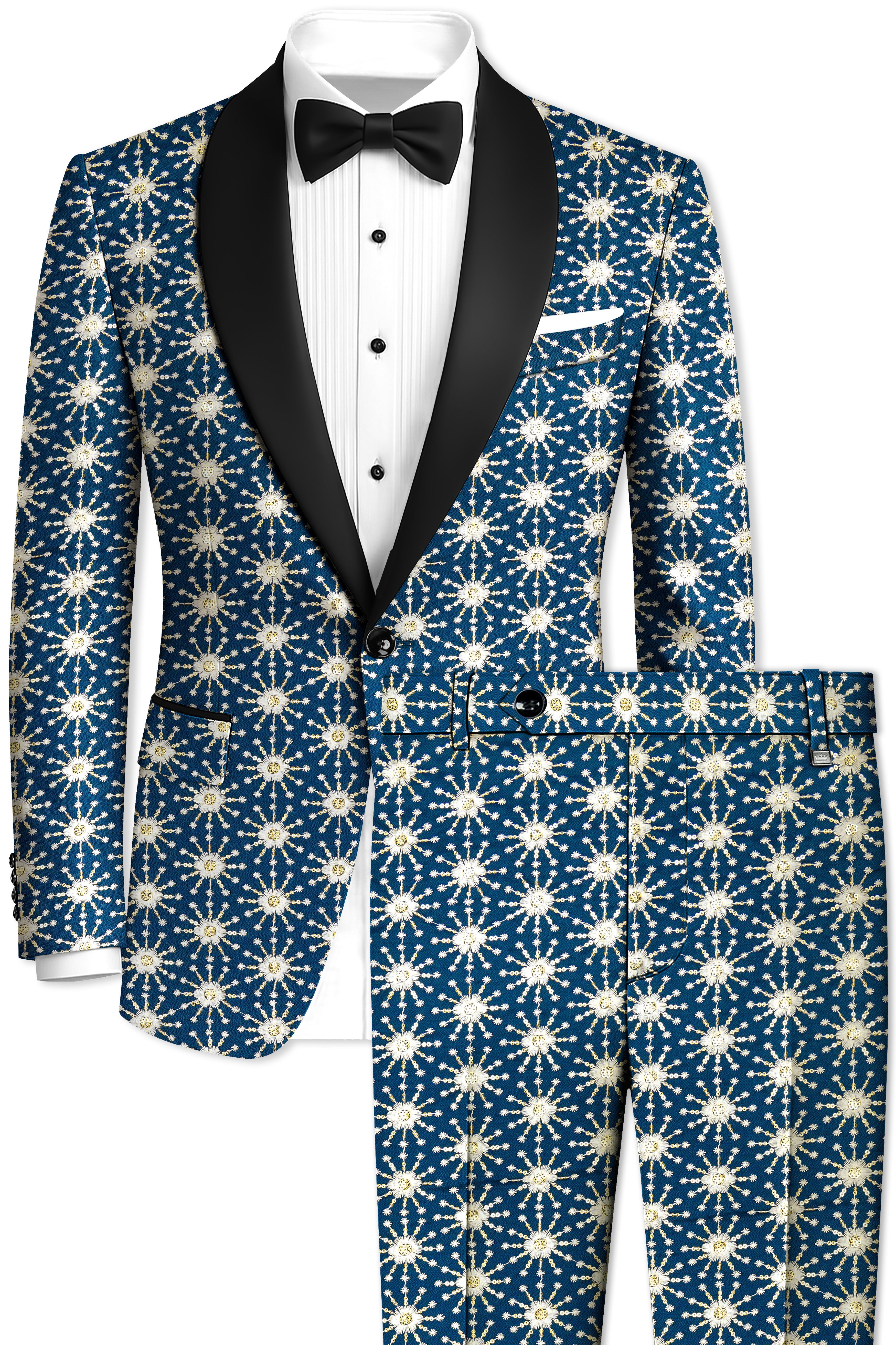 Bluviera-Sherpa Blue and Bright White Floral Embroidered with Sequin Work Viscose Designer Tuxedo Suit